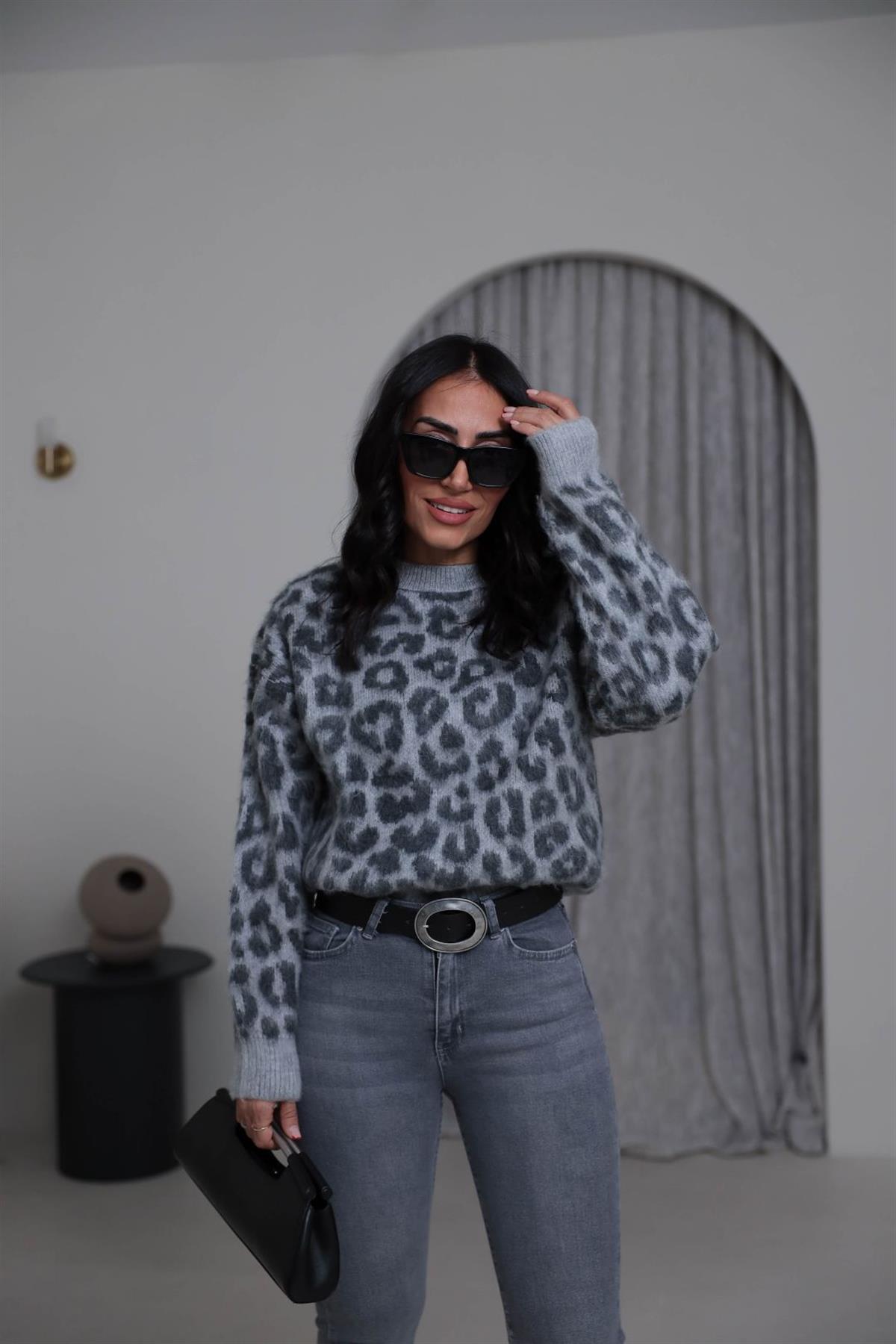 4561 Bisiklet Yaka Leopar Kazak GRİ