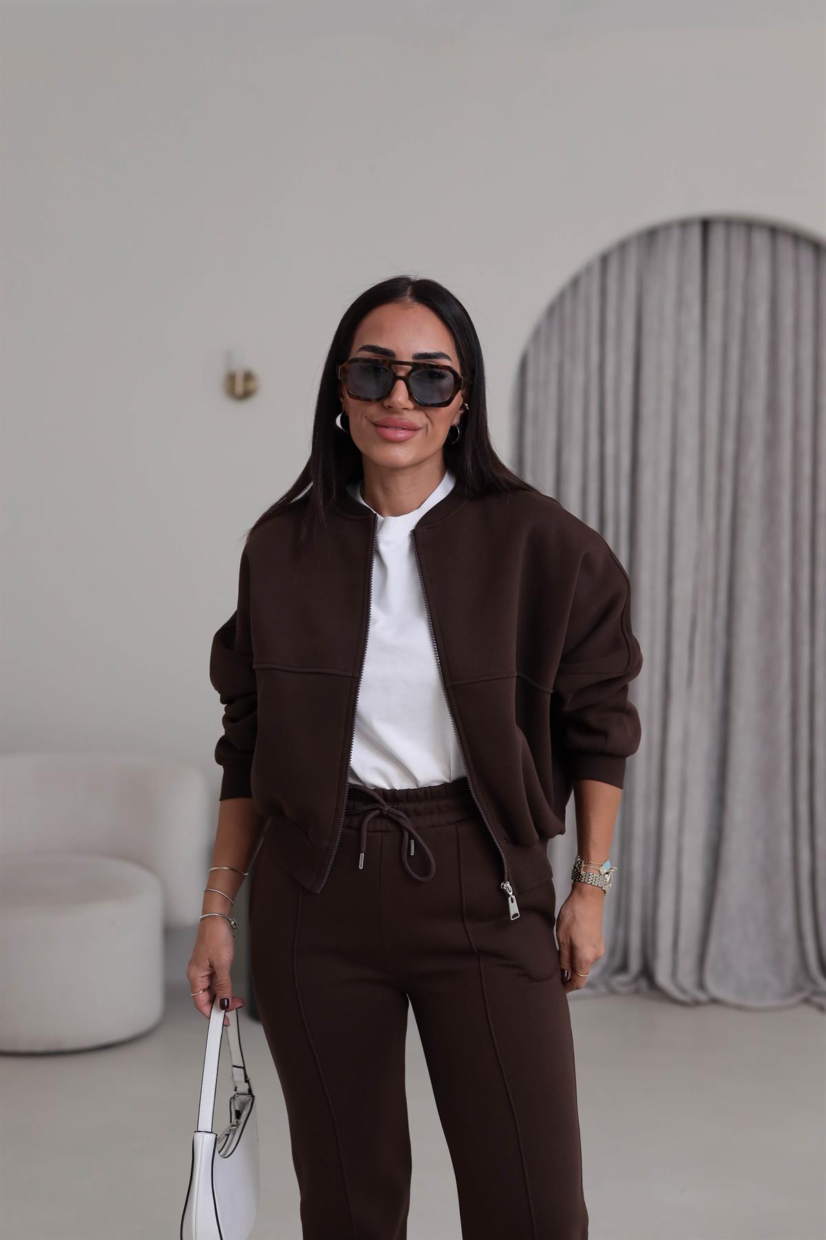 7085 Viral Bomber Ceketli 3 İplik Şardonlu Takım ACI KAHVE