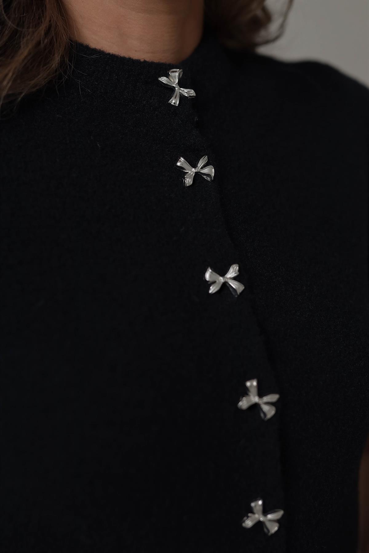 2403 Kurdele Düğmeli Kısa Kol Yumoş Hırka SİYAH