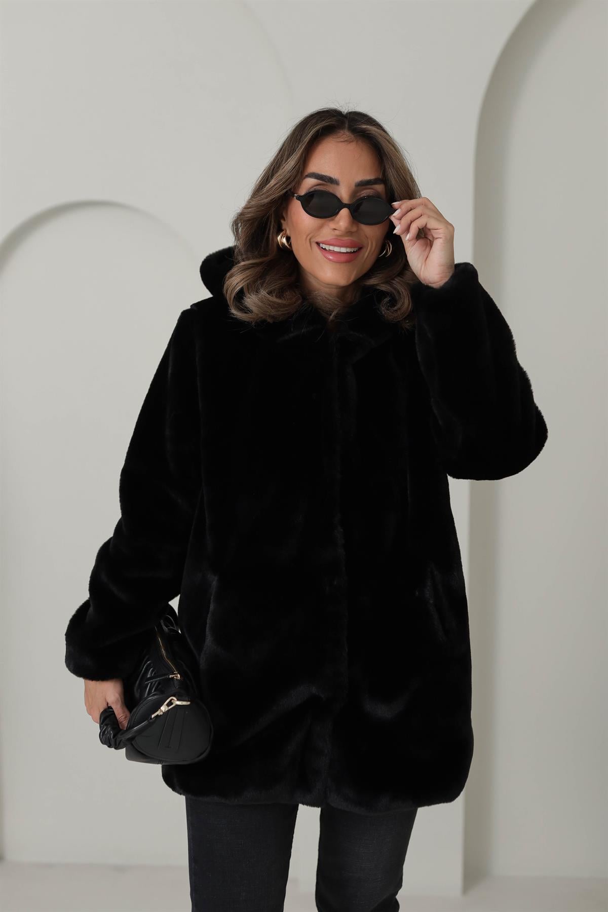 1139 Kapşonlu Kalın Kürk SİYAH