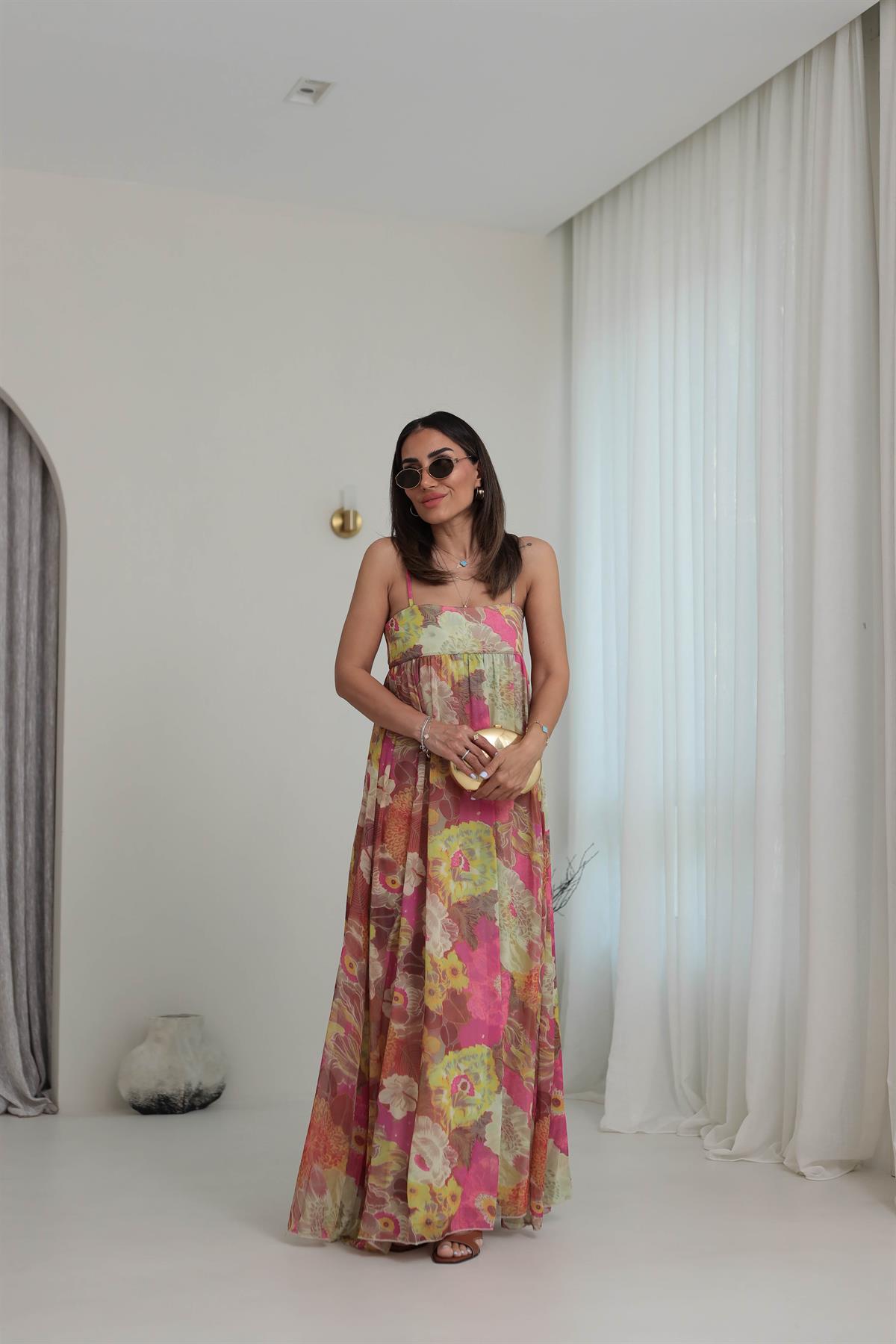 6509 Çiçekli Şifon Askılı Maxi Elbise ÇİÇEKLİ