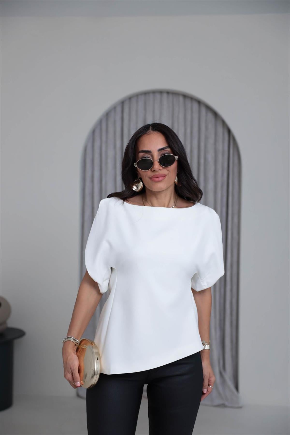 Balon Kol Asimetrik Bluz BEYAZ