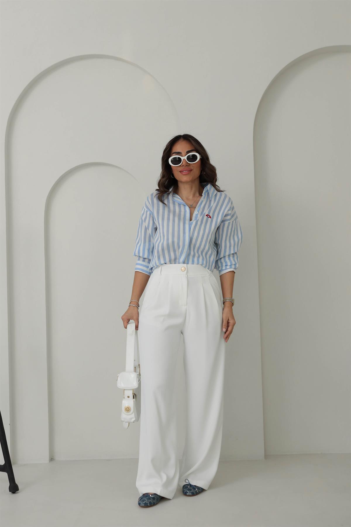 7053 Çizgili Kalp Nakışlı Cotton Gömlek MAVİ