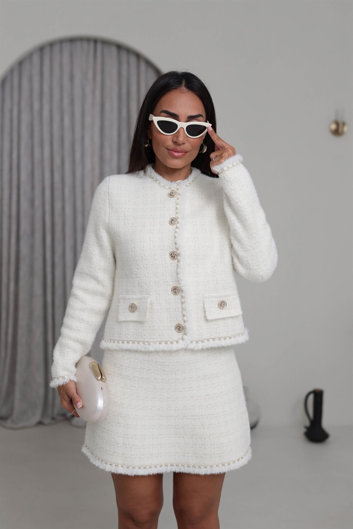 0419 Püskül ve Sim Detaylı Angora Ceket EKRU