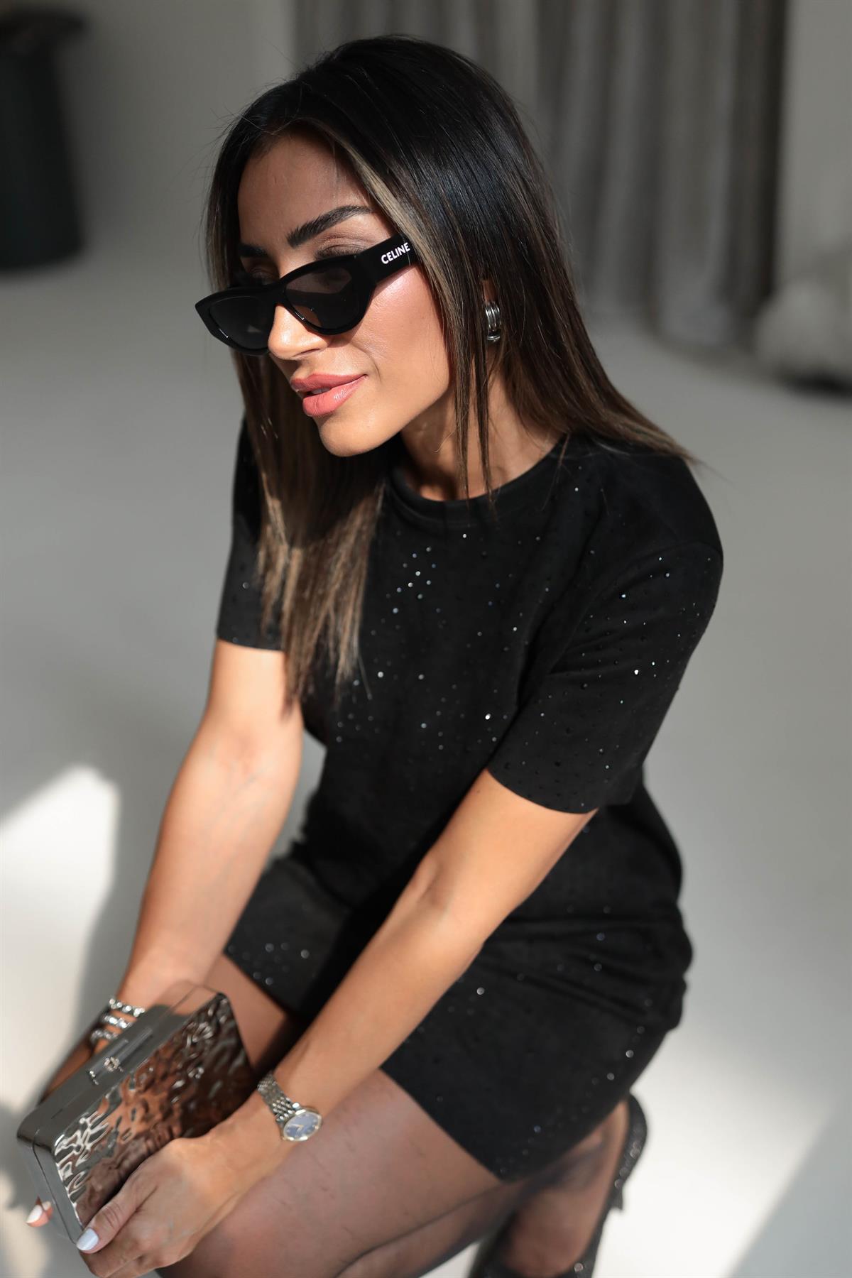 6398 Taşlı Nubuk Elbise SİYAH