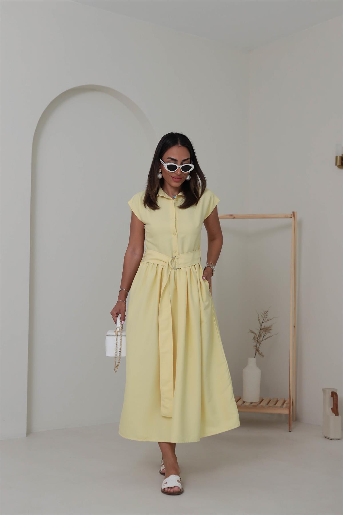 501 Polo Yaka Düğmeli Kuşaklı Uzun Elbise SARI