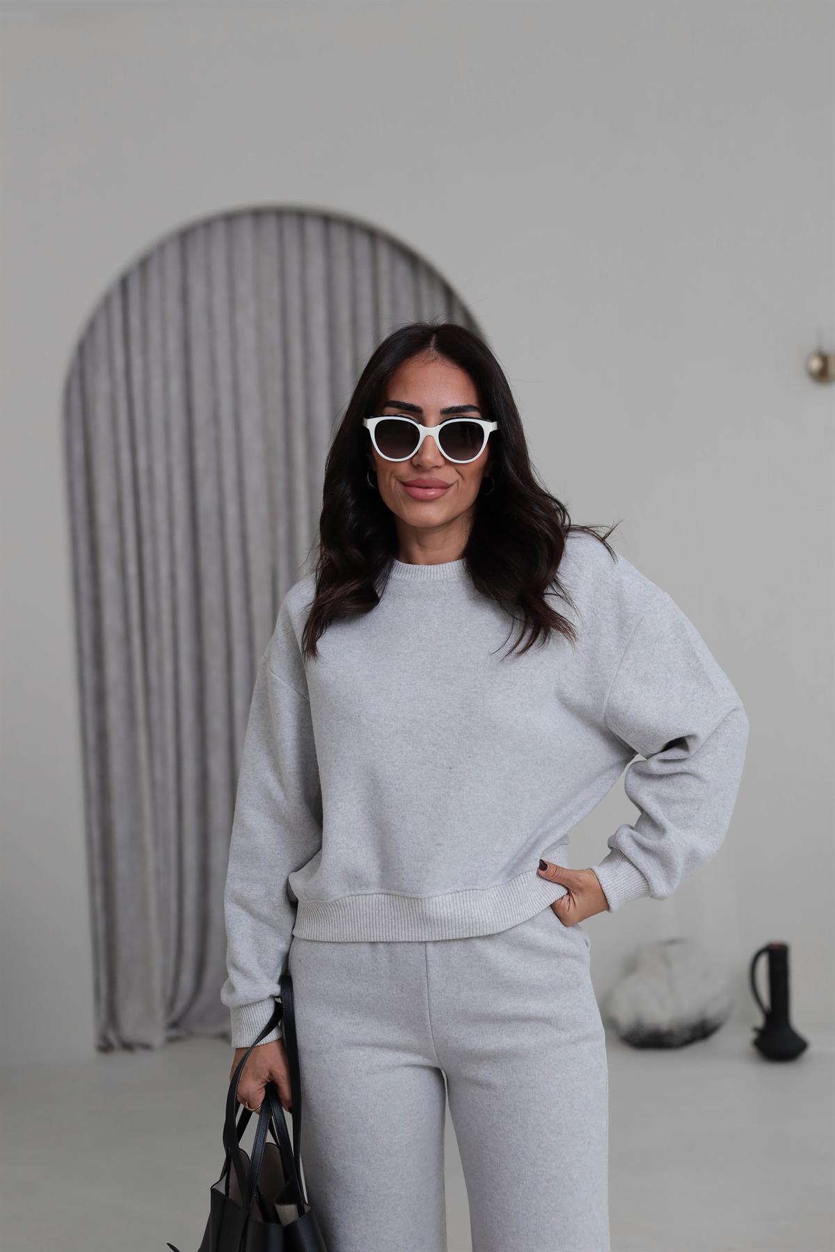 5231 Bisiklet Yaka Ribanalı Selanik Kumaş Takım GRİ