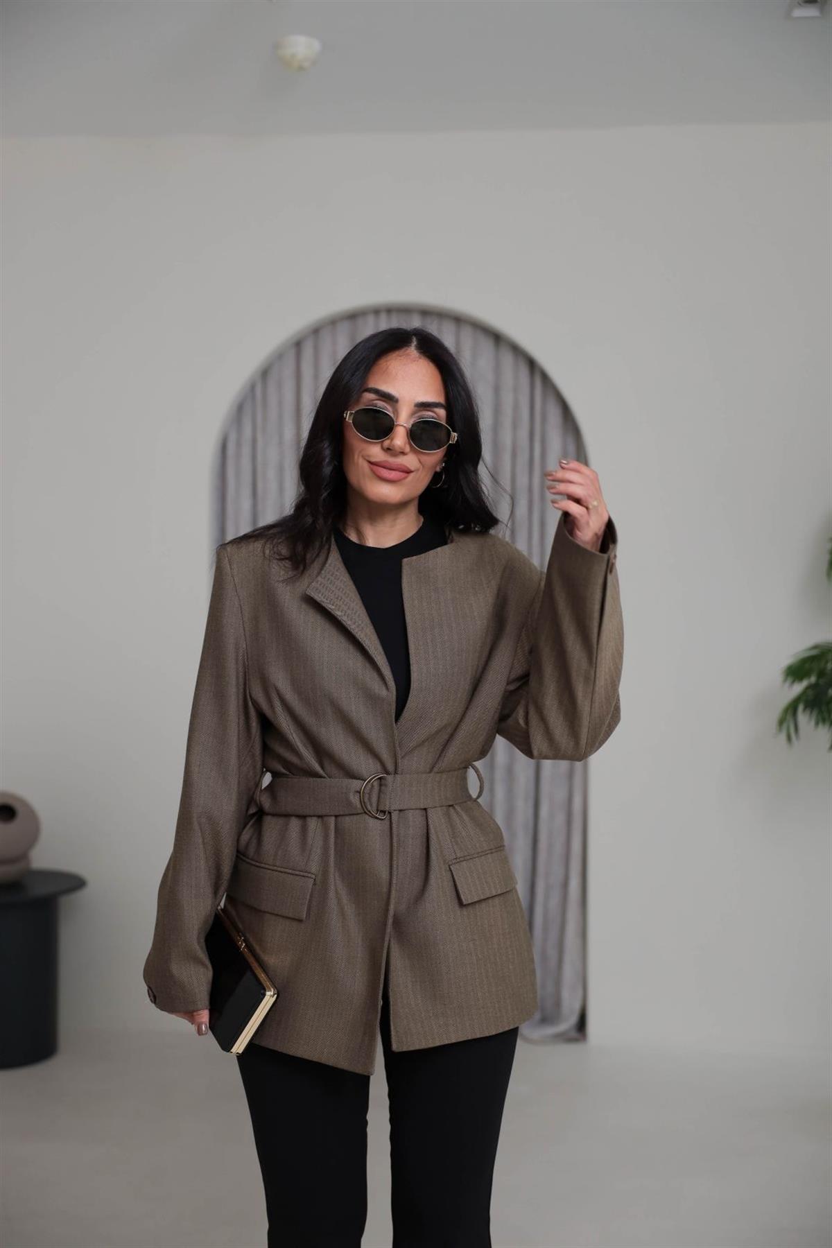 1284 Vatkalı Kemerli Balıksırtı Blazer Ceket CAMEL