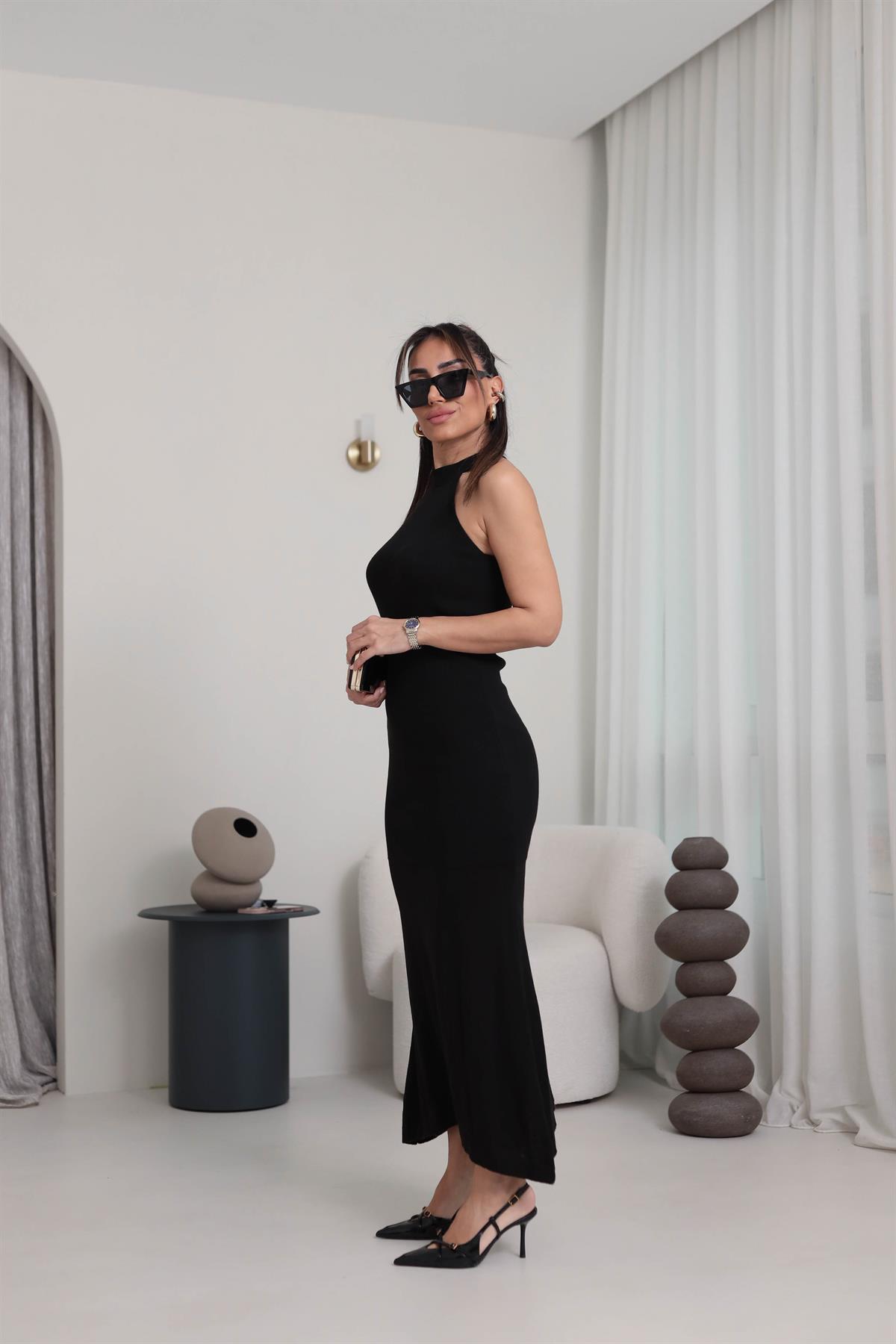 4224 Halter Yaka Triko Elbise SİYAH