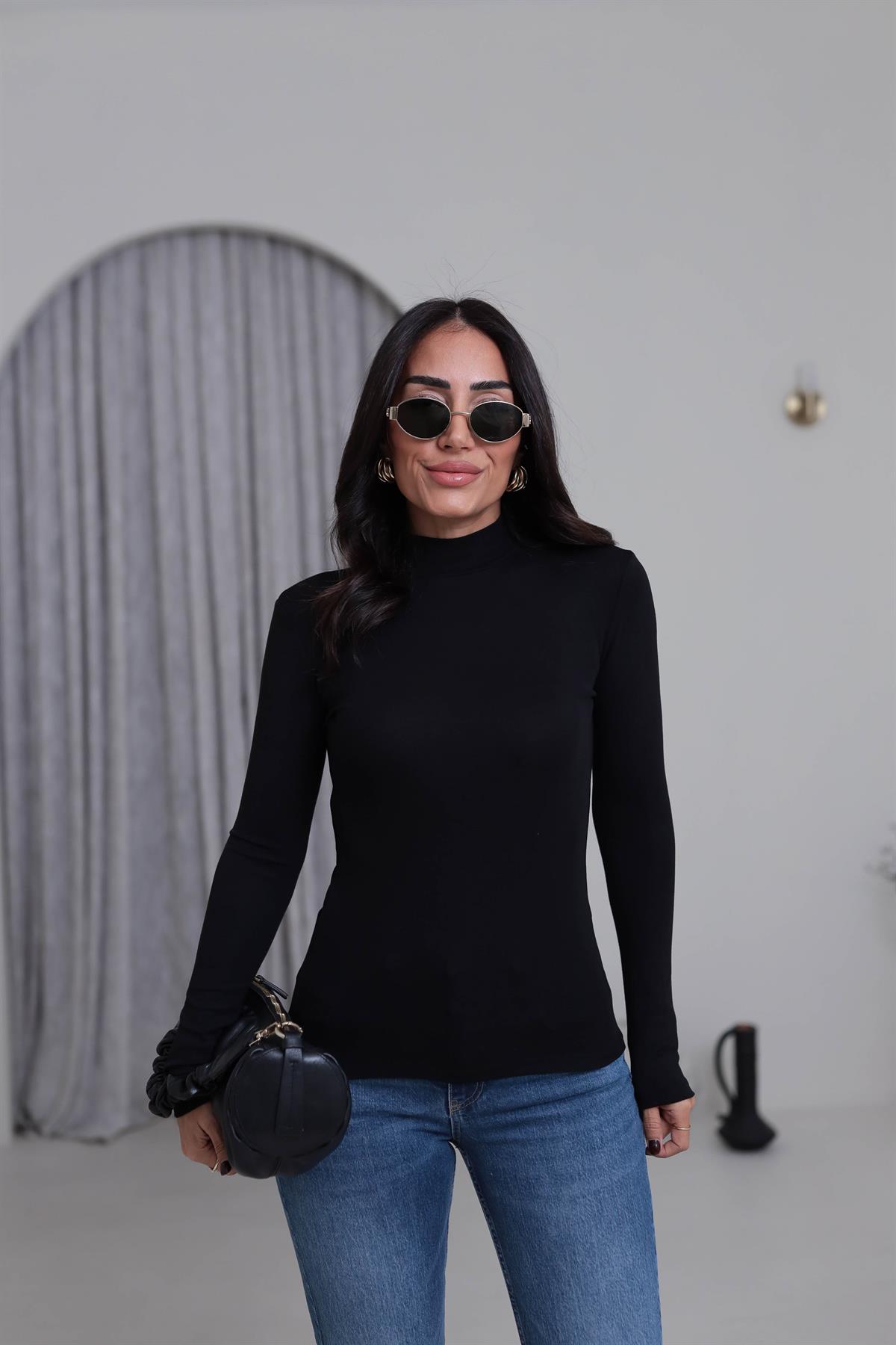4144 Balıkçı Yaka Uzun Kol Bluz SİYAH