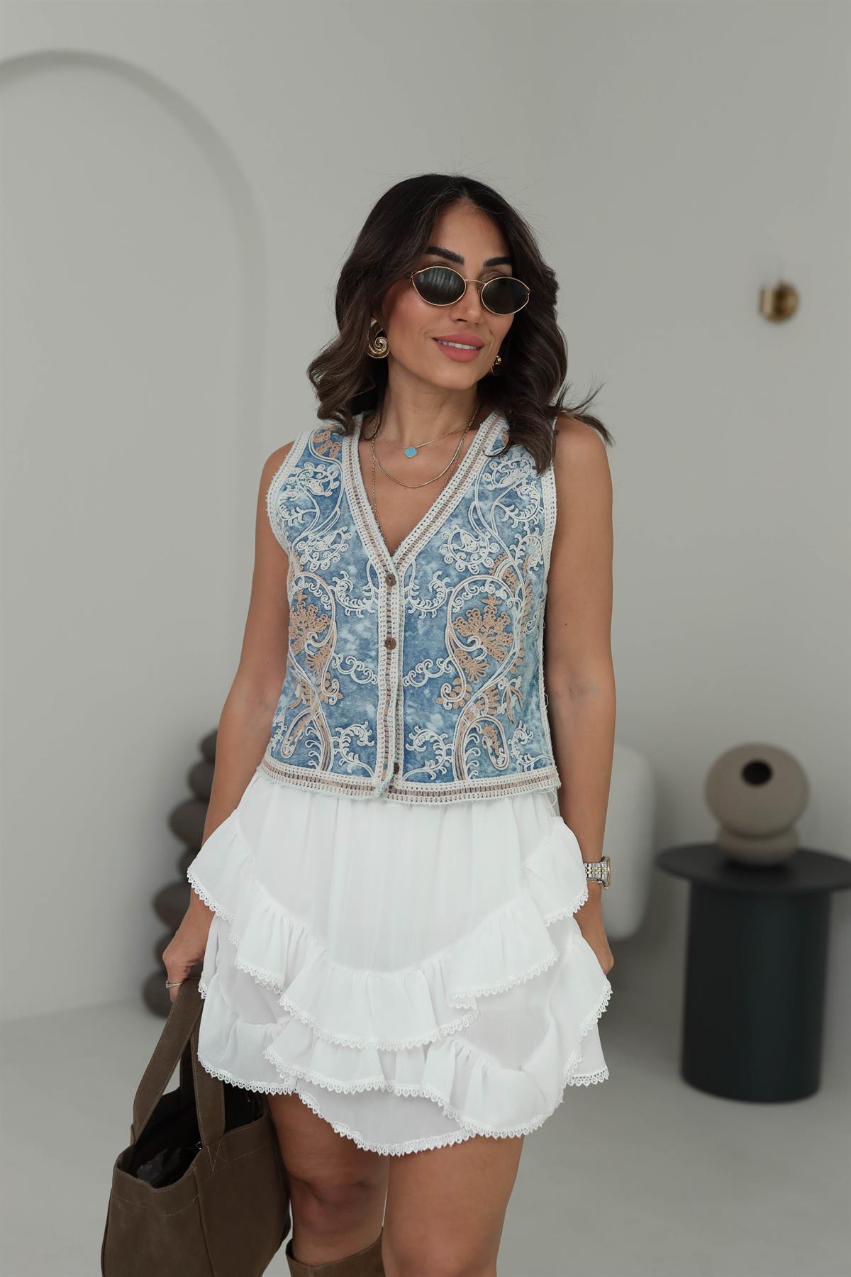 8395 Tasarım İşlemeli Pamuklu Dokuma Yelek MAVİ