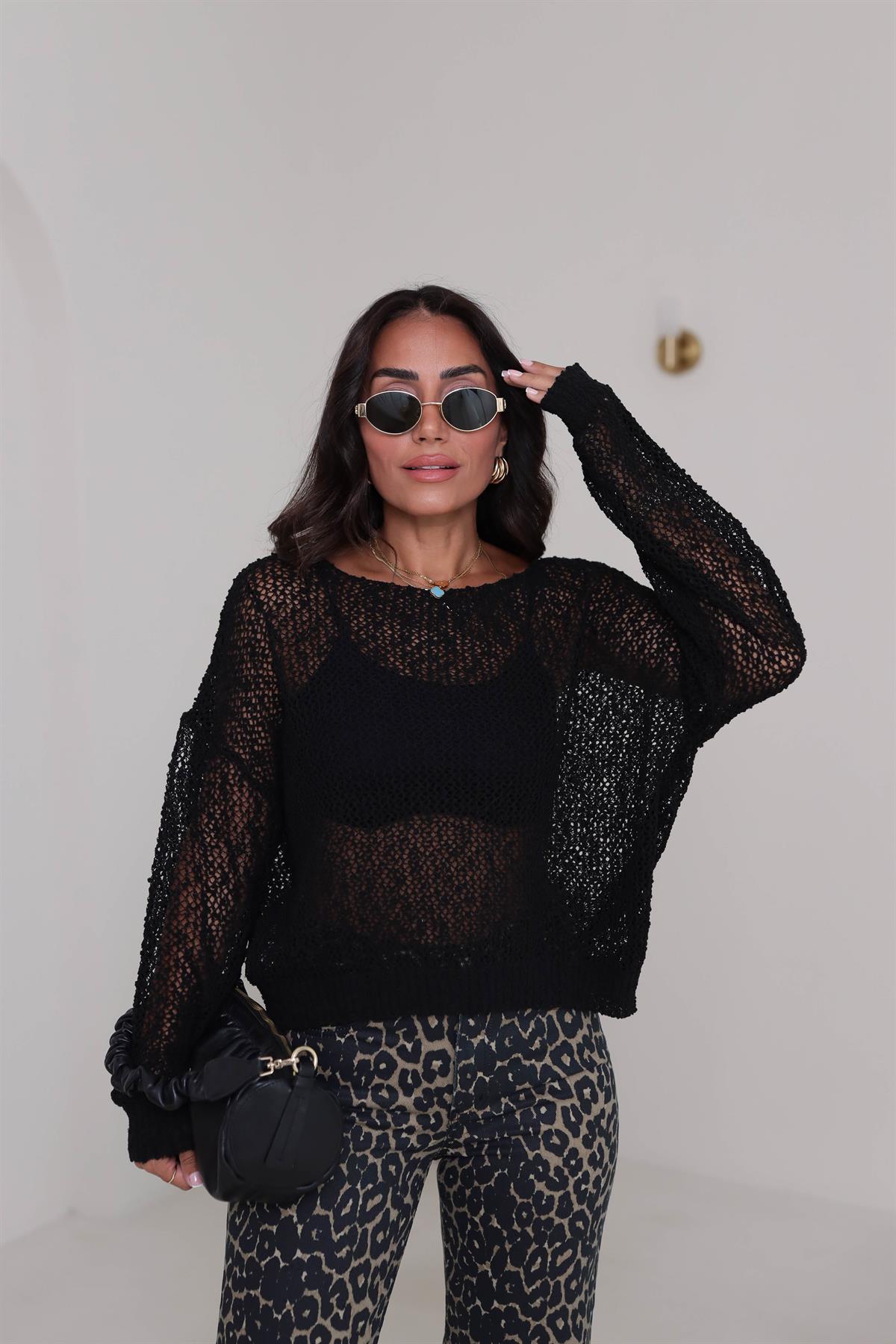 4412 Havuz Yaka Ajurlu Triko SİYAH