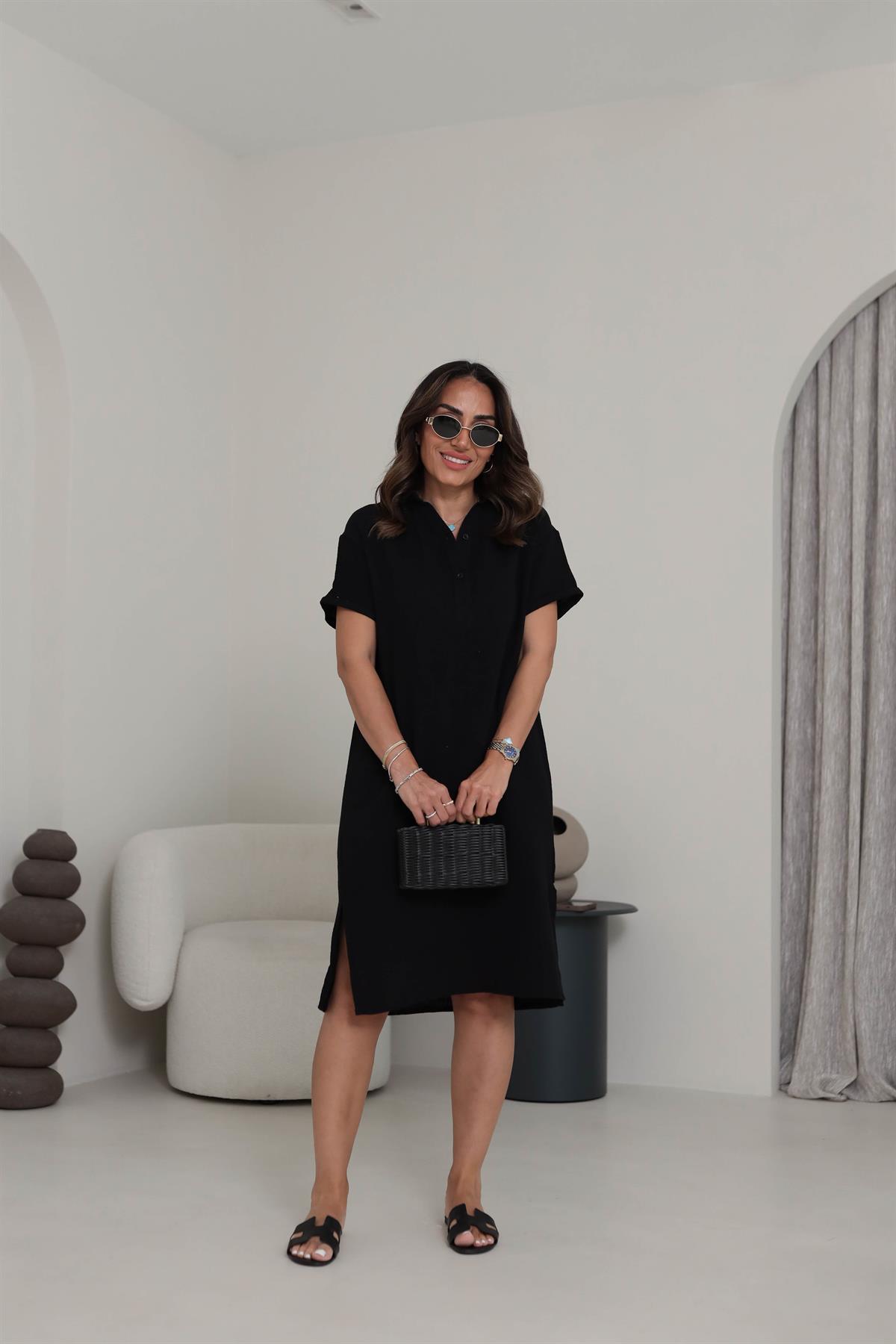 70222 Müslin Kısa Kollu Elbise SİYAH