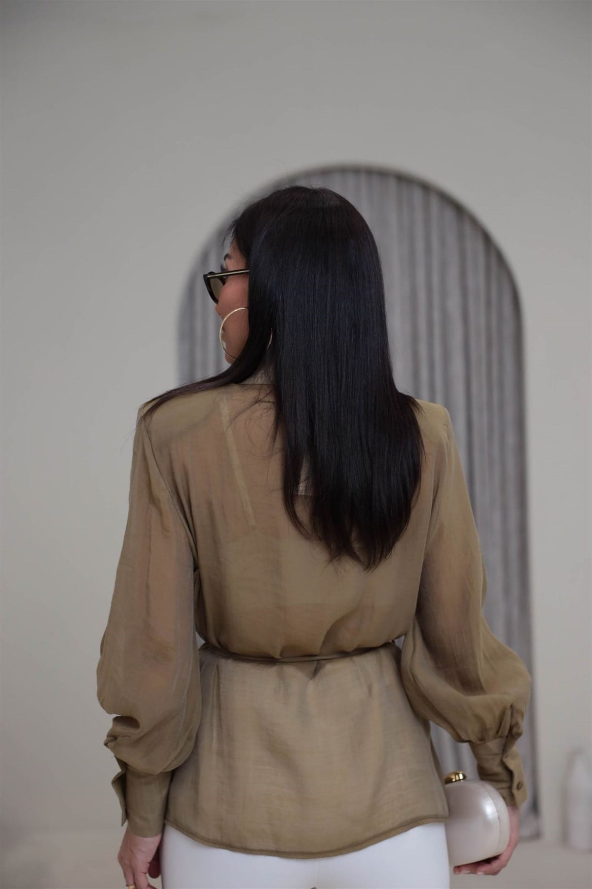 5029 Kruvaze Vatkalı Bağcıklı Tencel Gömlek OLİVE