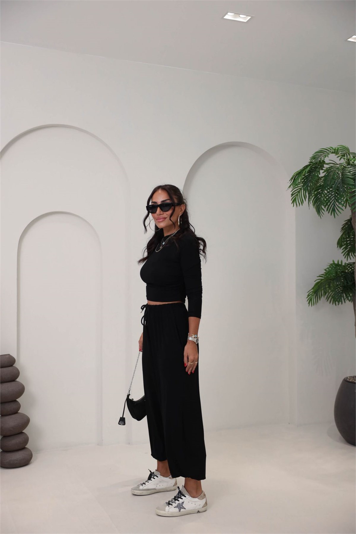4289 Modal Drape Detaylı Şalvar Kesimli Bluz Pantolon Takım SİYAH
