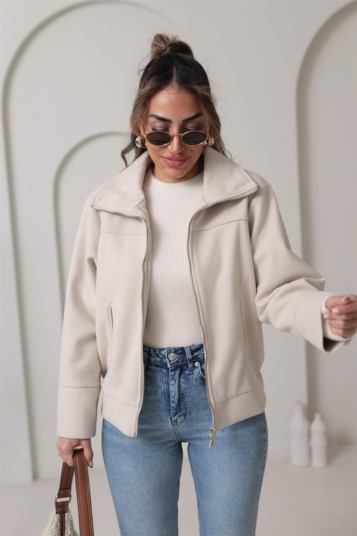 9567 Fermuarlı Kaşe Mont TAŞ