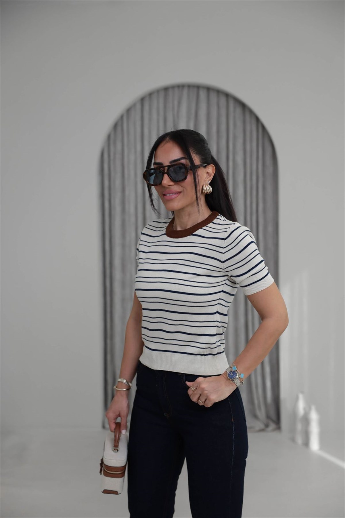 1763 Kısa Kol Çizgili Triko Bluz KREM