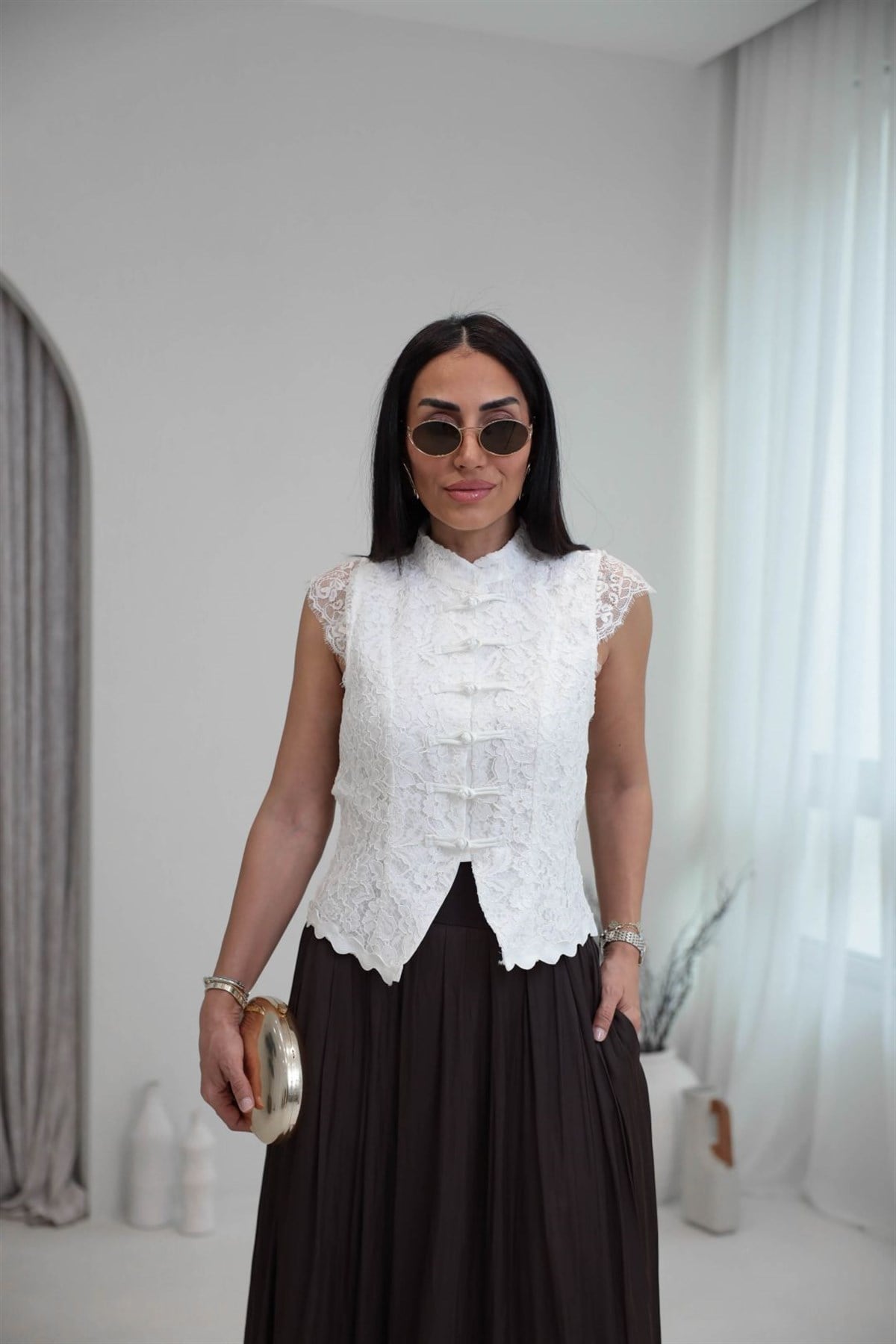 7139 Güpür Detaylı Hakim Yaka Yelek EKRU