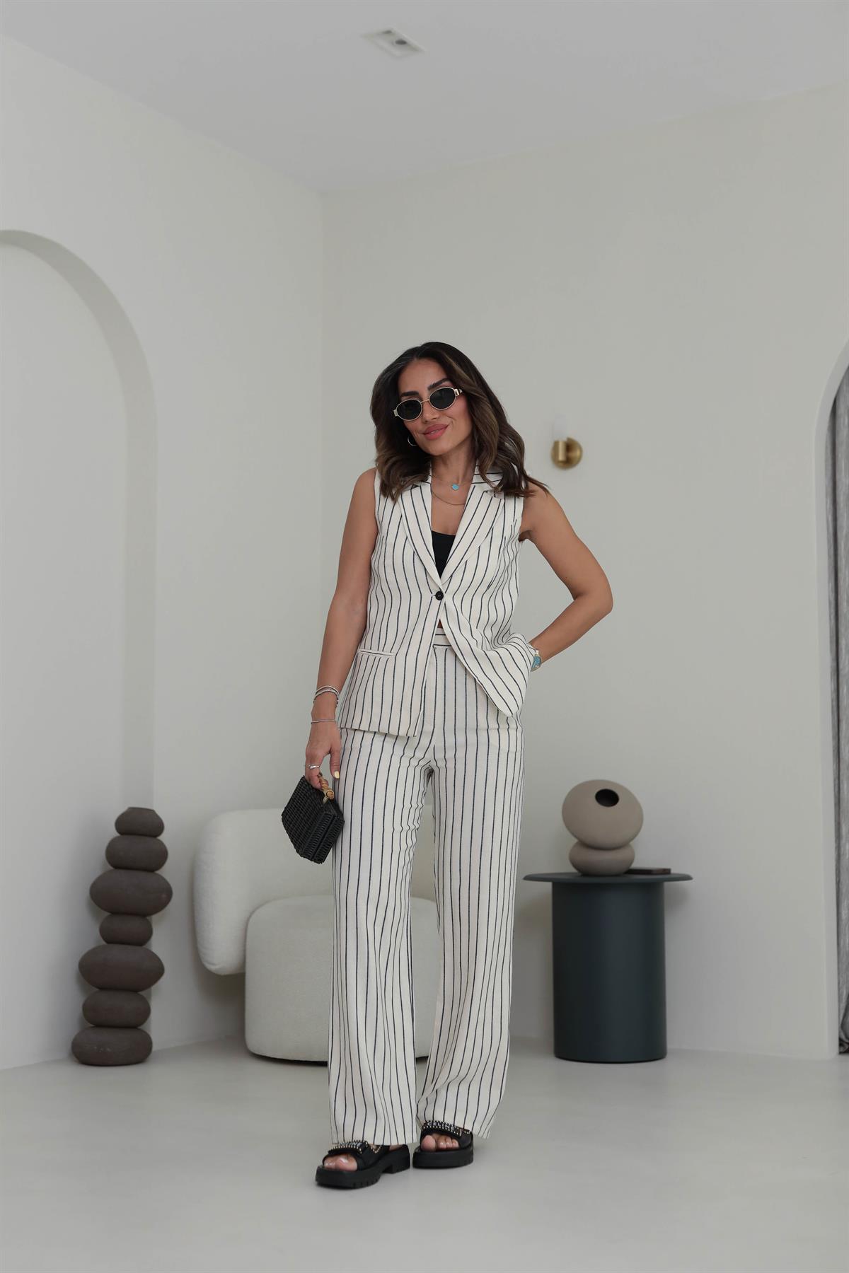 8669 Tek Düğmeli Çizgili Keten Yelek & Pantolon Takım SİYAH