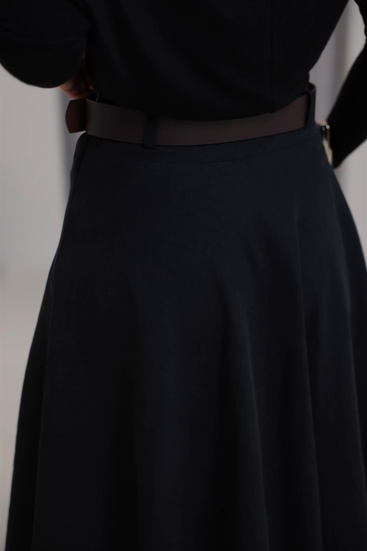 0670 Asimetrik Dikiş Detay Kemerli Kloş Etek SİYAH