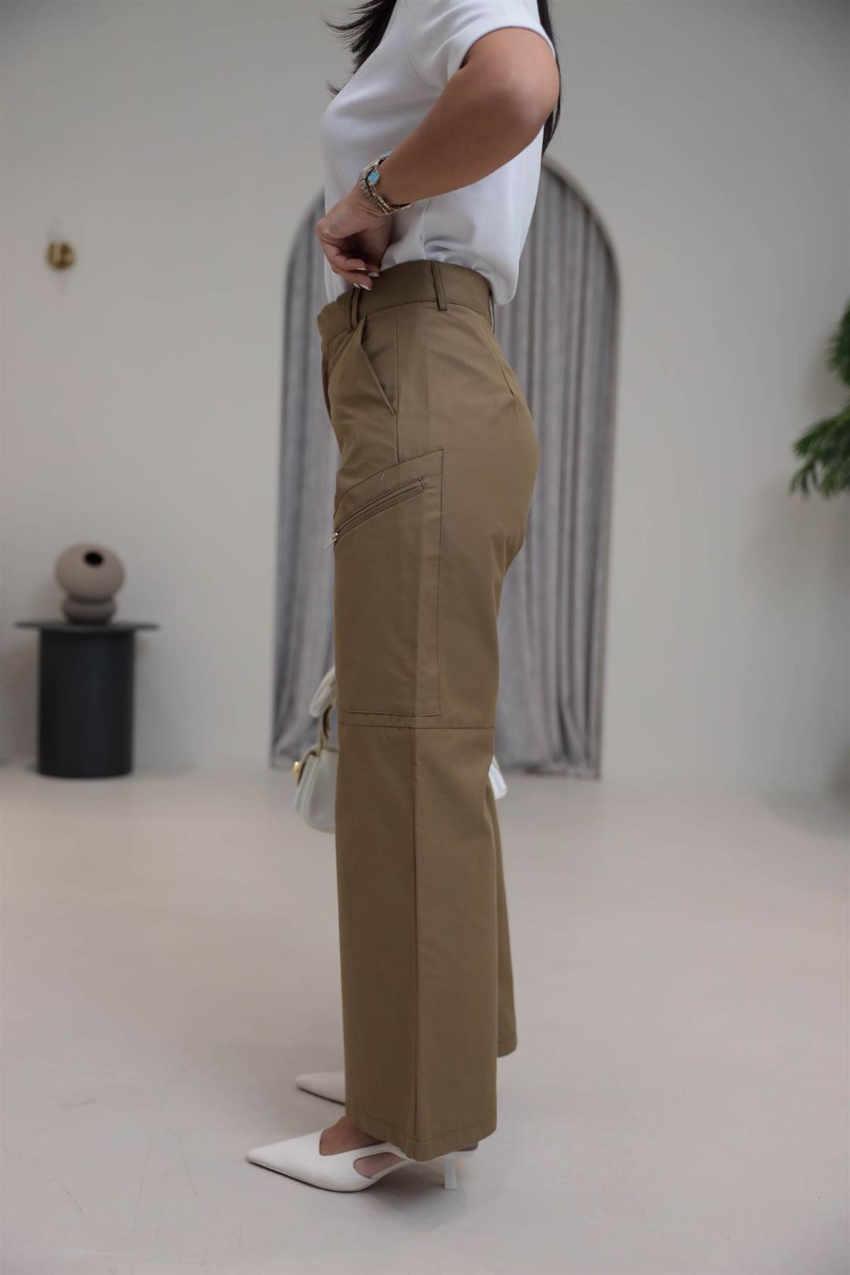 Geniş Paça Fermuar Cepli Kargo Pantolon YAĞ YEŞİLİ