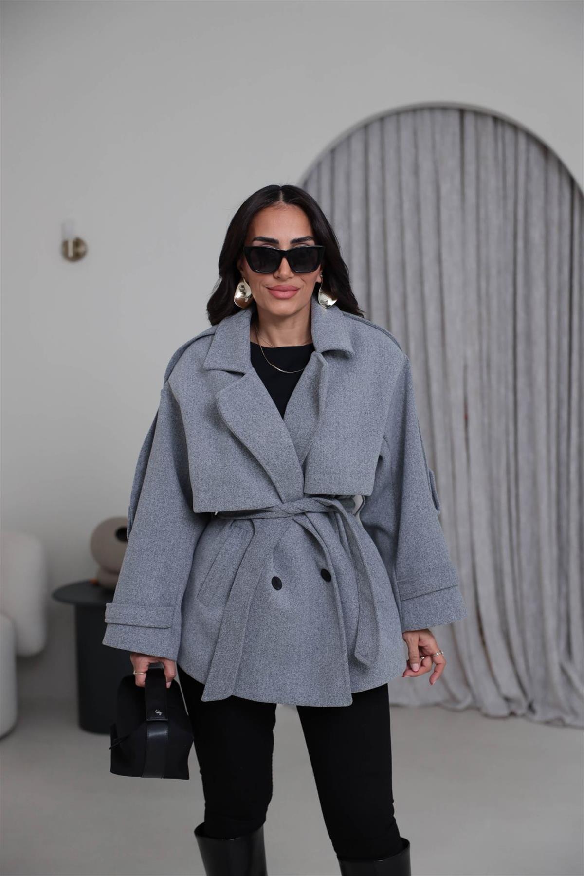 9669 Kuşaklı Oversize Premium Kaşe Ceket GRİ