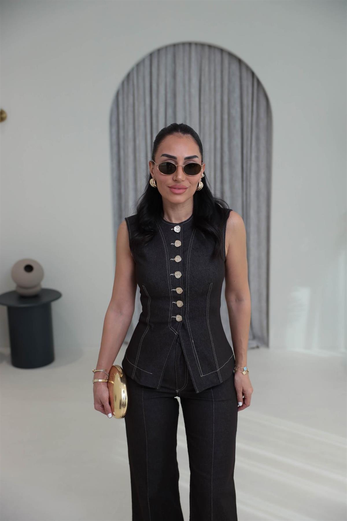 8053 Gold Düğmeli Yelekli Likralı Takım KAHVE