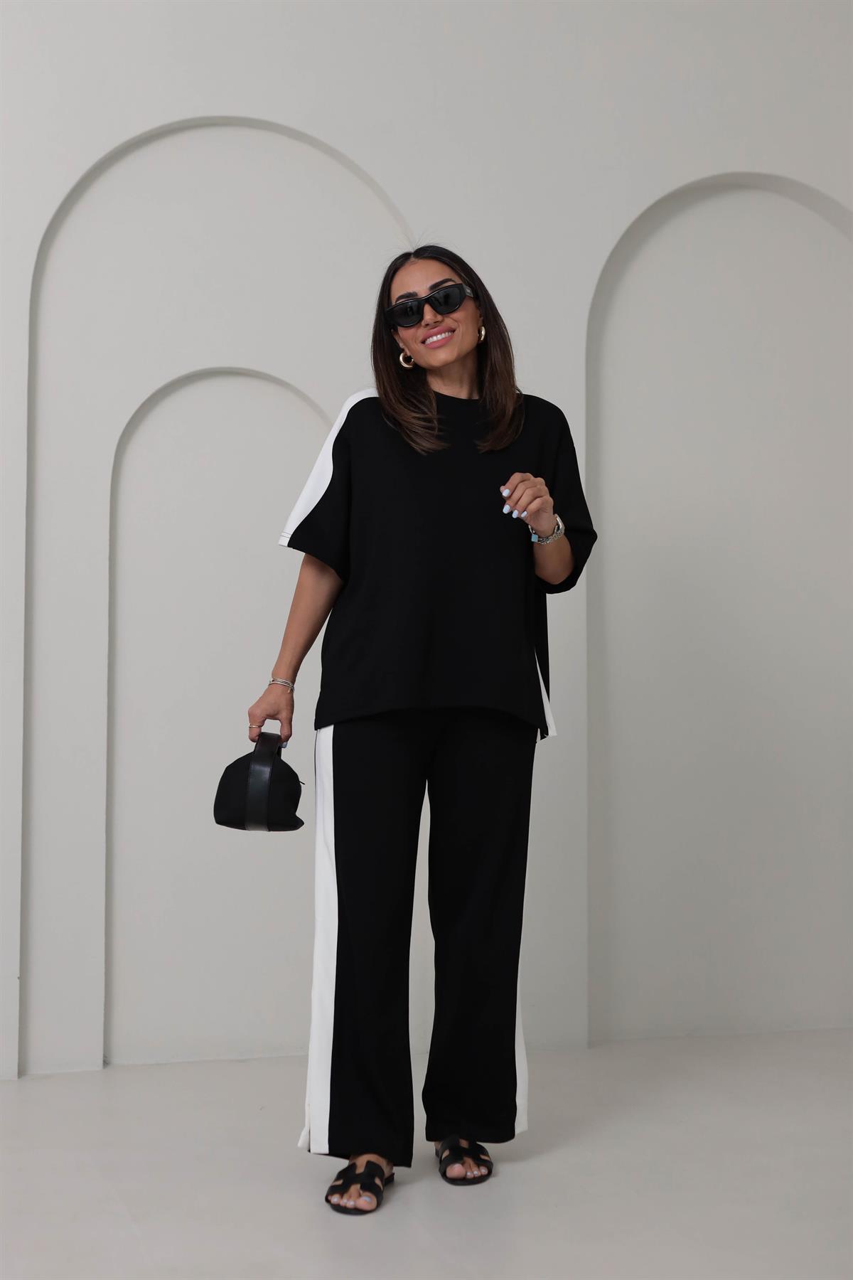 3417 Kontrastlı Paça Yırtmaçlı Rahat Modal Takım SİYAH