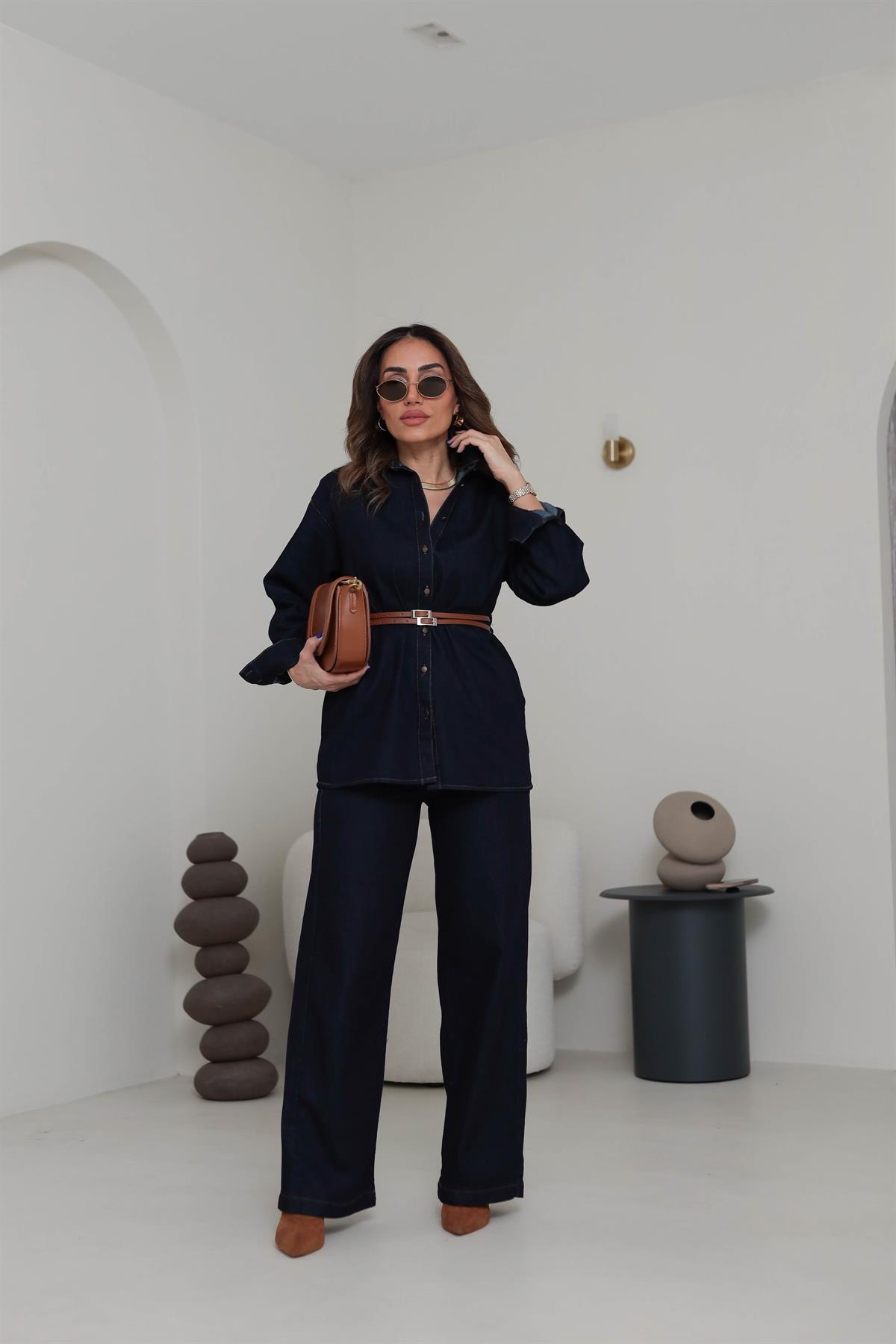 8627 Denim Kemerli Gömlek & Pantolon Takım KOYU LACİ