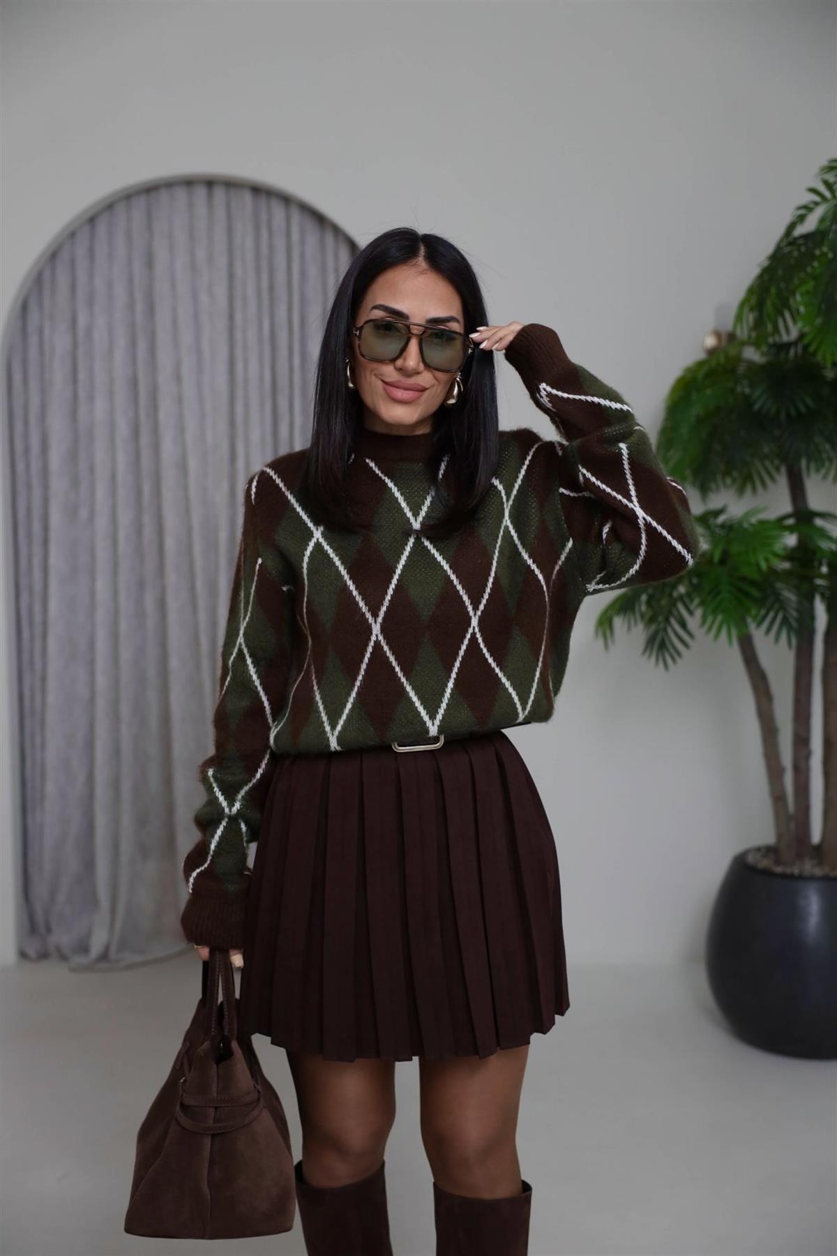 0133 Şardonlu Baklava Desen Kalın Kazak KAHVE-YEŞİL