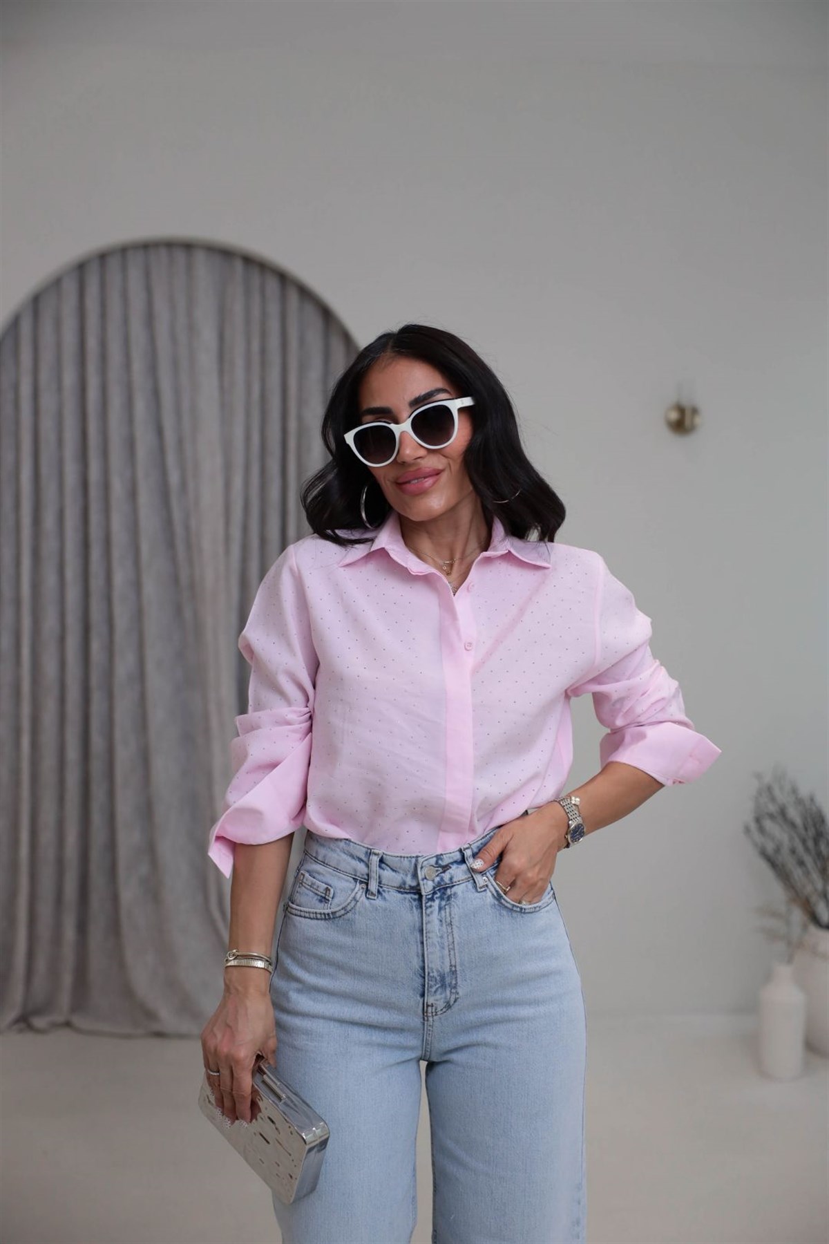 7335 Tencel Kumaş Taşlı Gömlek PEMBE