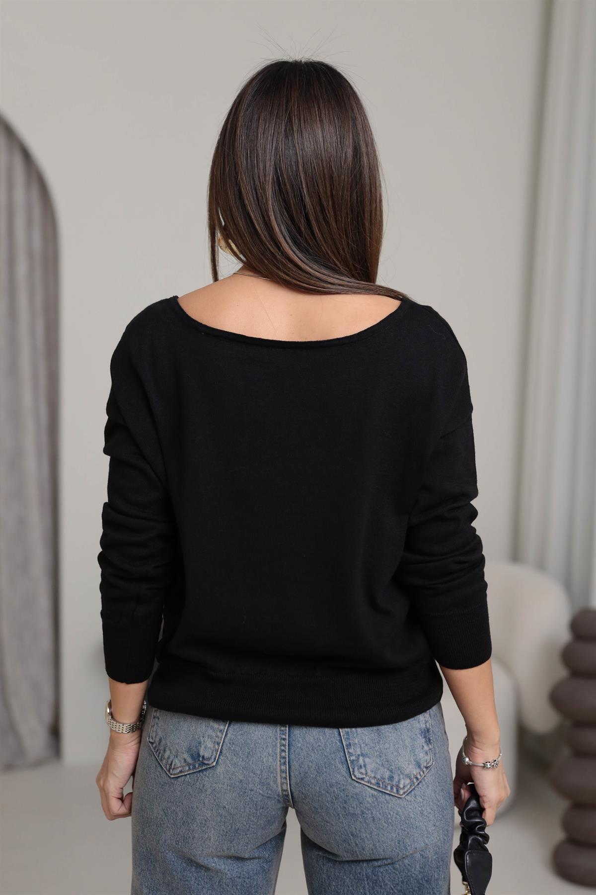 0614 Havuz Yaka Triko Bluz SİYAH