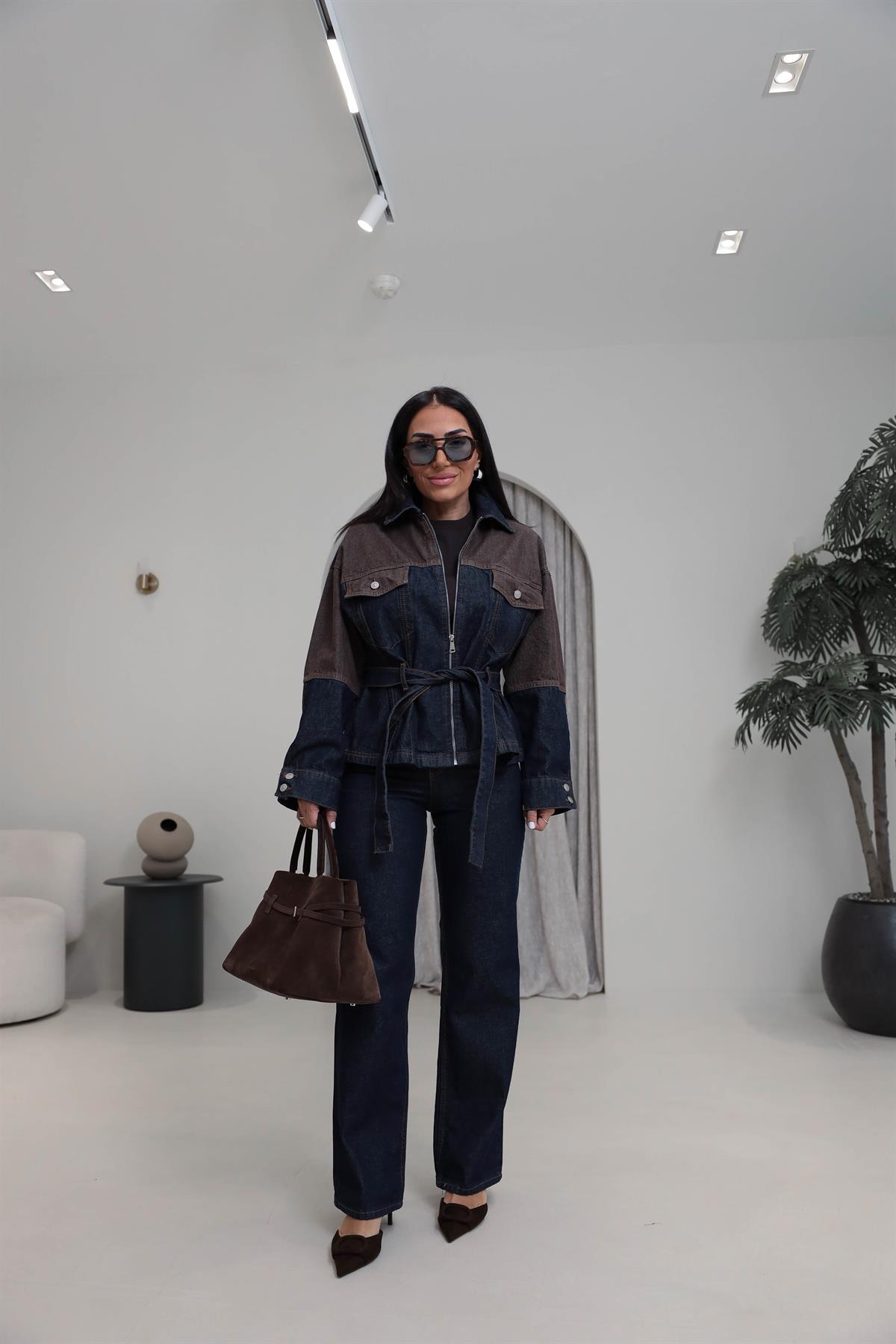 0836 Çift Renkli Tasarım Denim Takım LACİ-KAHVE