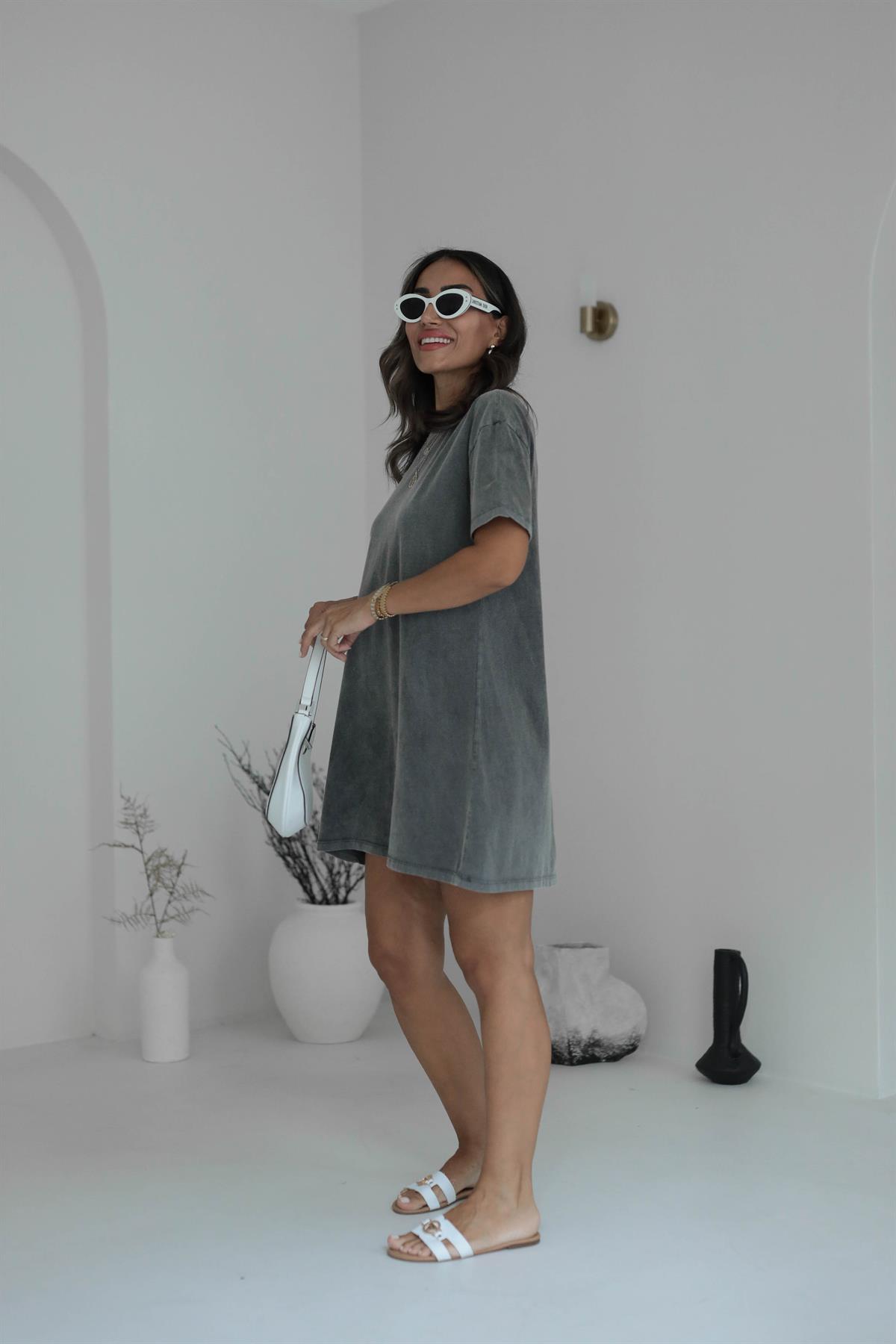 4473 Yıkamalı Pamuklu Tshirt Elbise