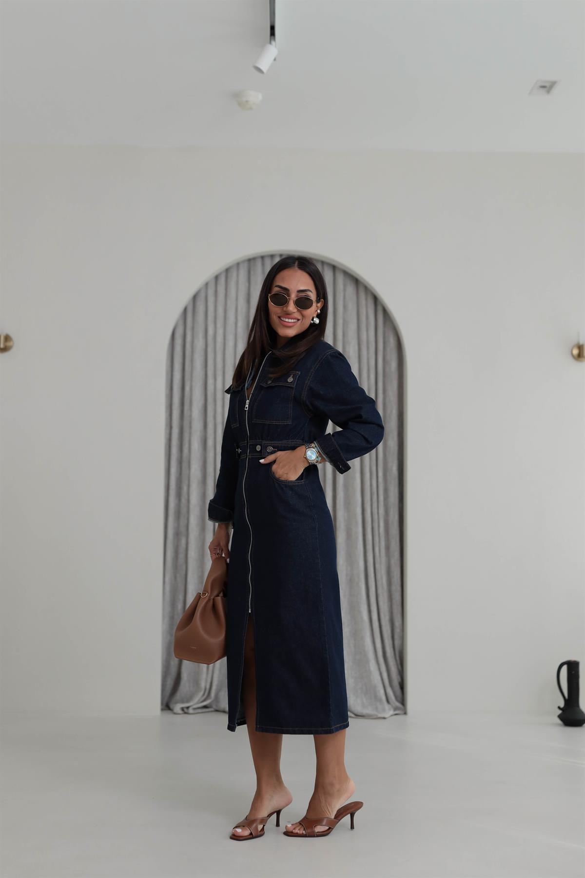 9279 Bel Gipeli Cep Detaylı Fermuarlı Jean Elbise LACİVERT