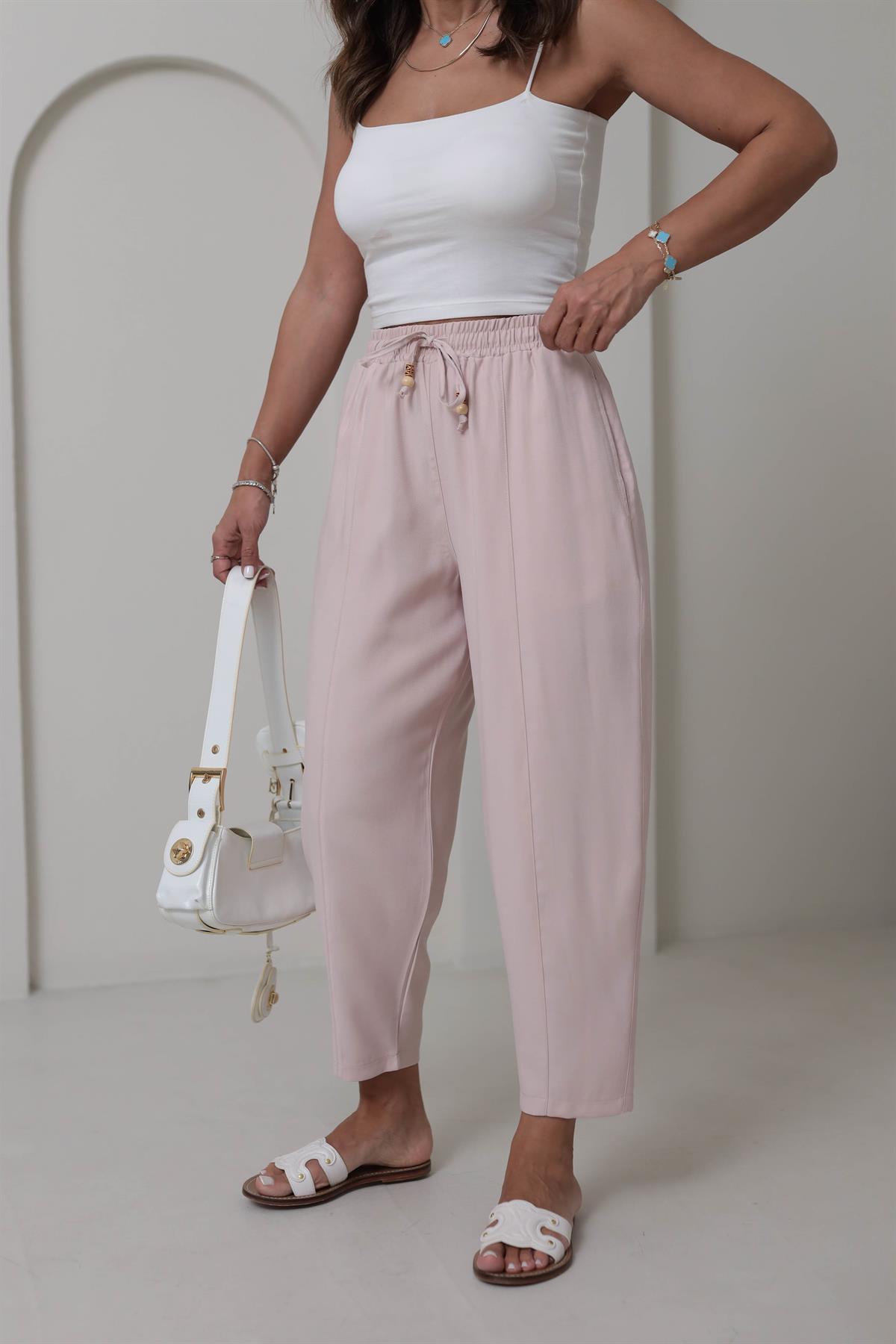 6703 Bel Lastikli Tencel Dokulu Boncuklu Pantolon PUDRA