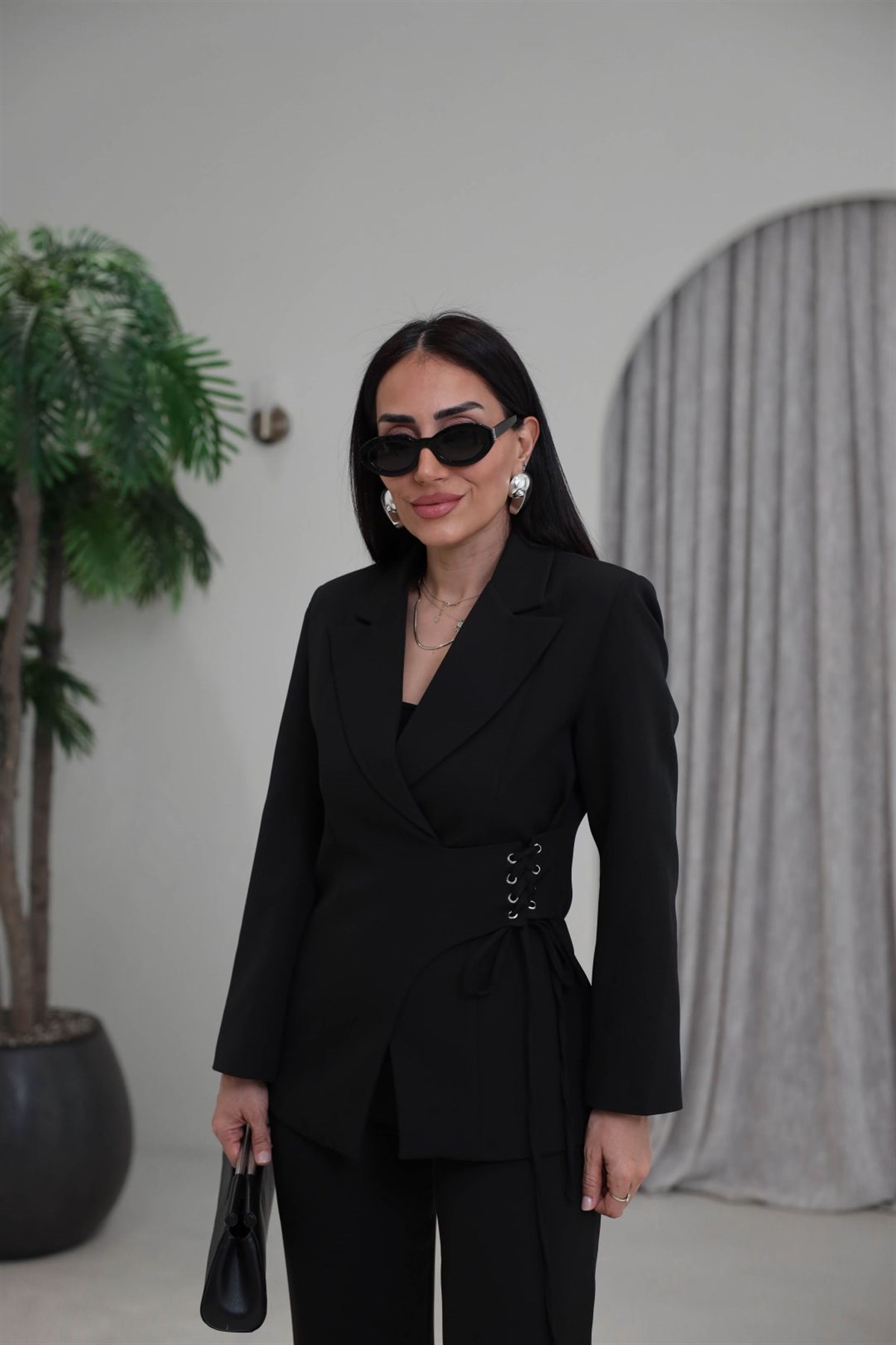 9295 Yandan Kuşgözü Bağlama Detaylı Ceket Pantolon Takım SİYAH