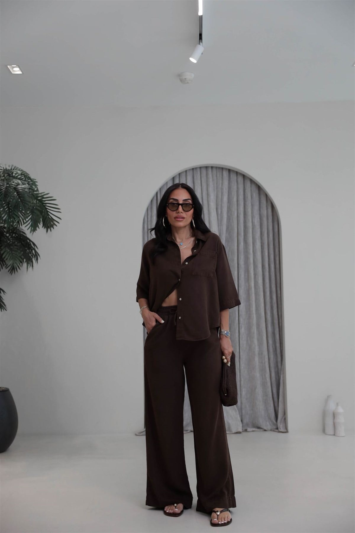 3444  Soft Tencel Kumaş Oversize Takım KAHVE