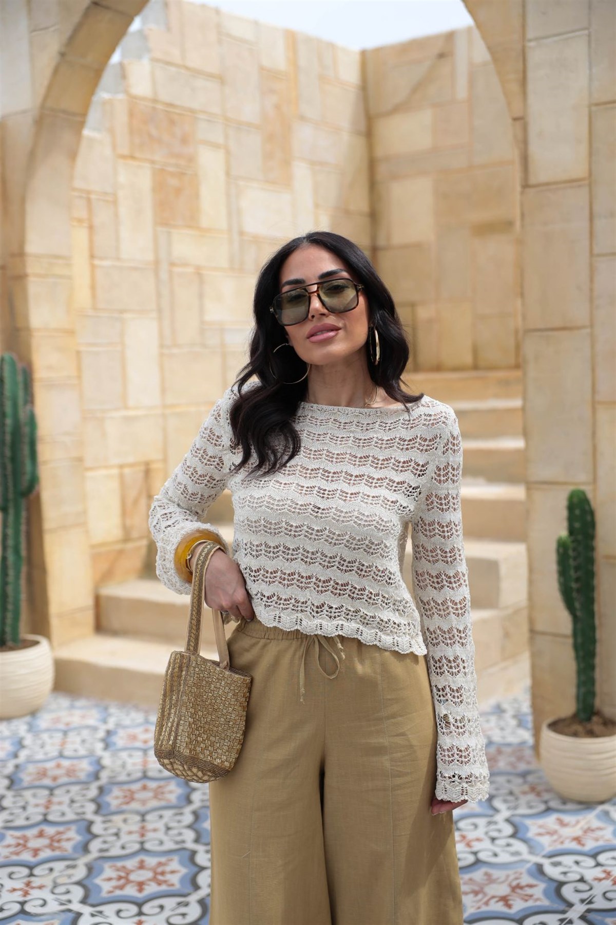 4702 Simli Ajurlu Triko Bluz KREM