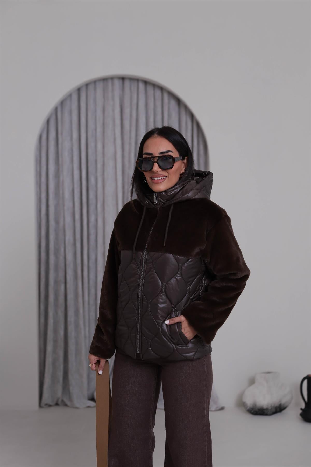 M09 Kürk Garnili Kapşonlu Kapitone Mont KAHVE