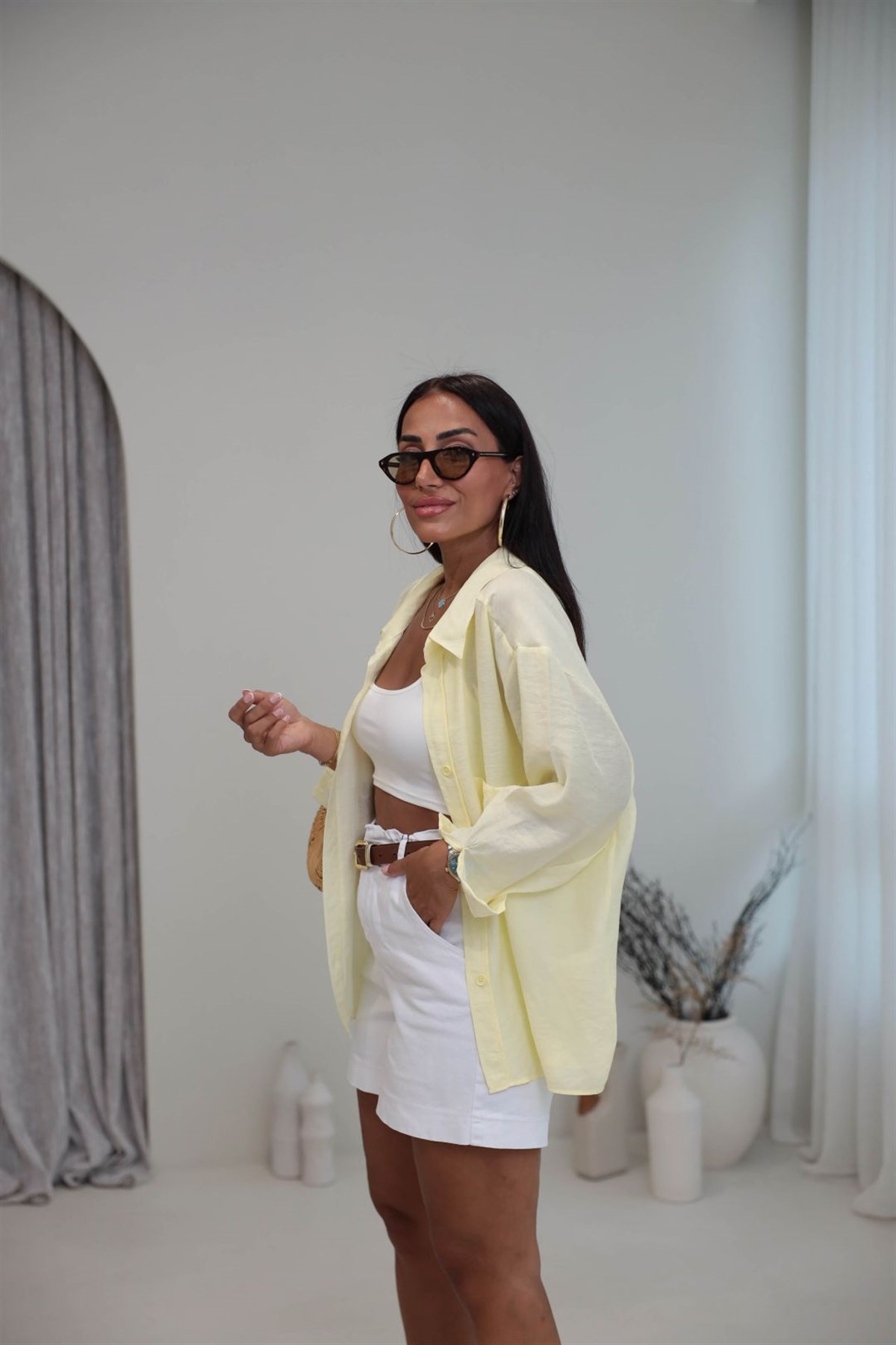 4612Y Tencel Omzu Düşük Oversize Gömlek SARI