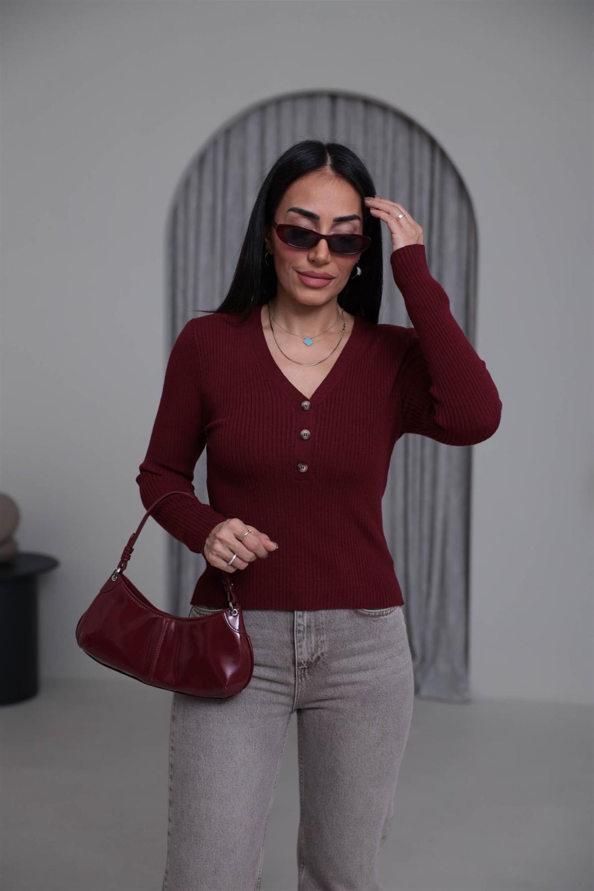 Orj V Yaka Yarım Düğmeli Korsman Triko BORDO