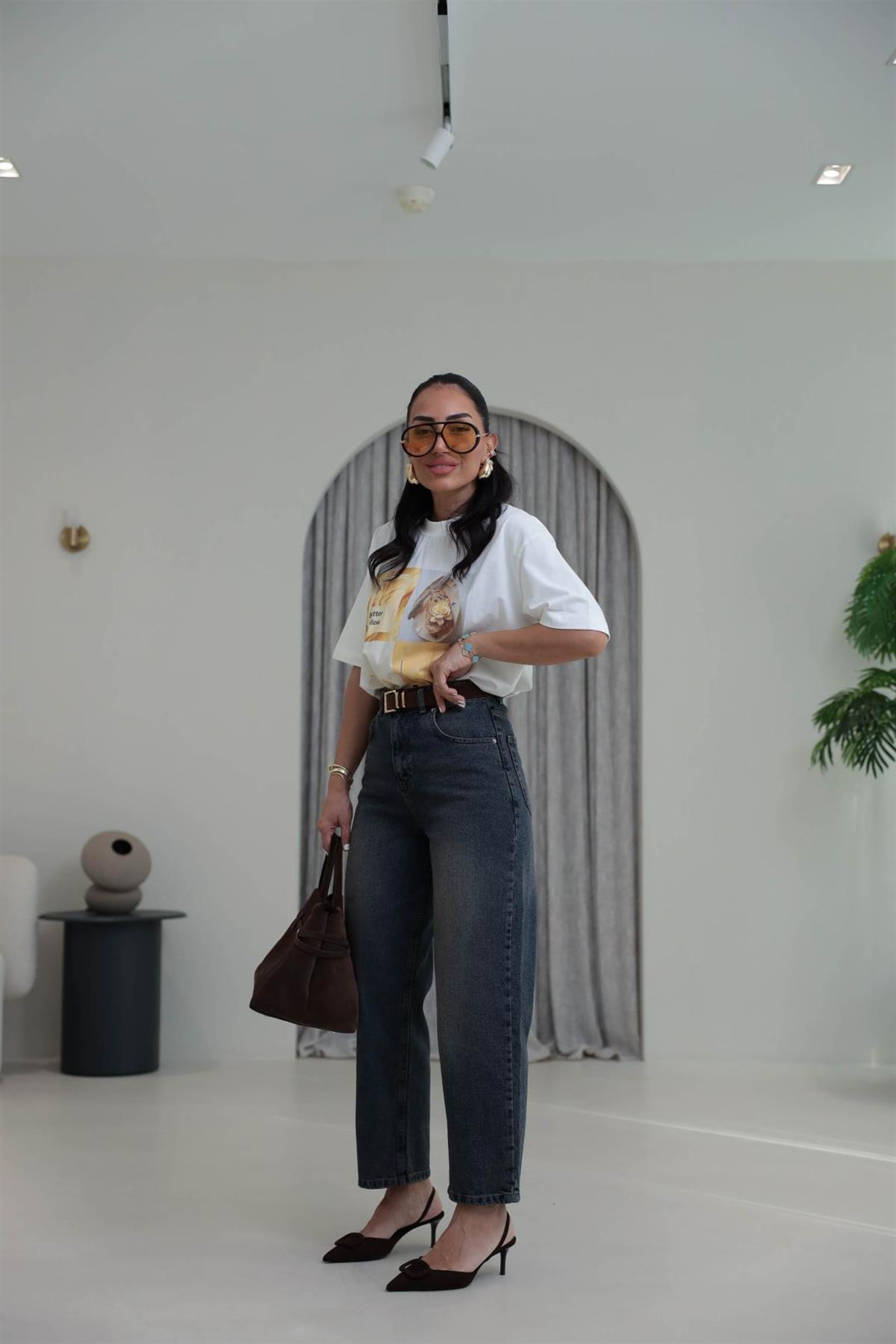 3010 Kemerli Yüksek Bel Baggy Jean KOYU TİNTLİ