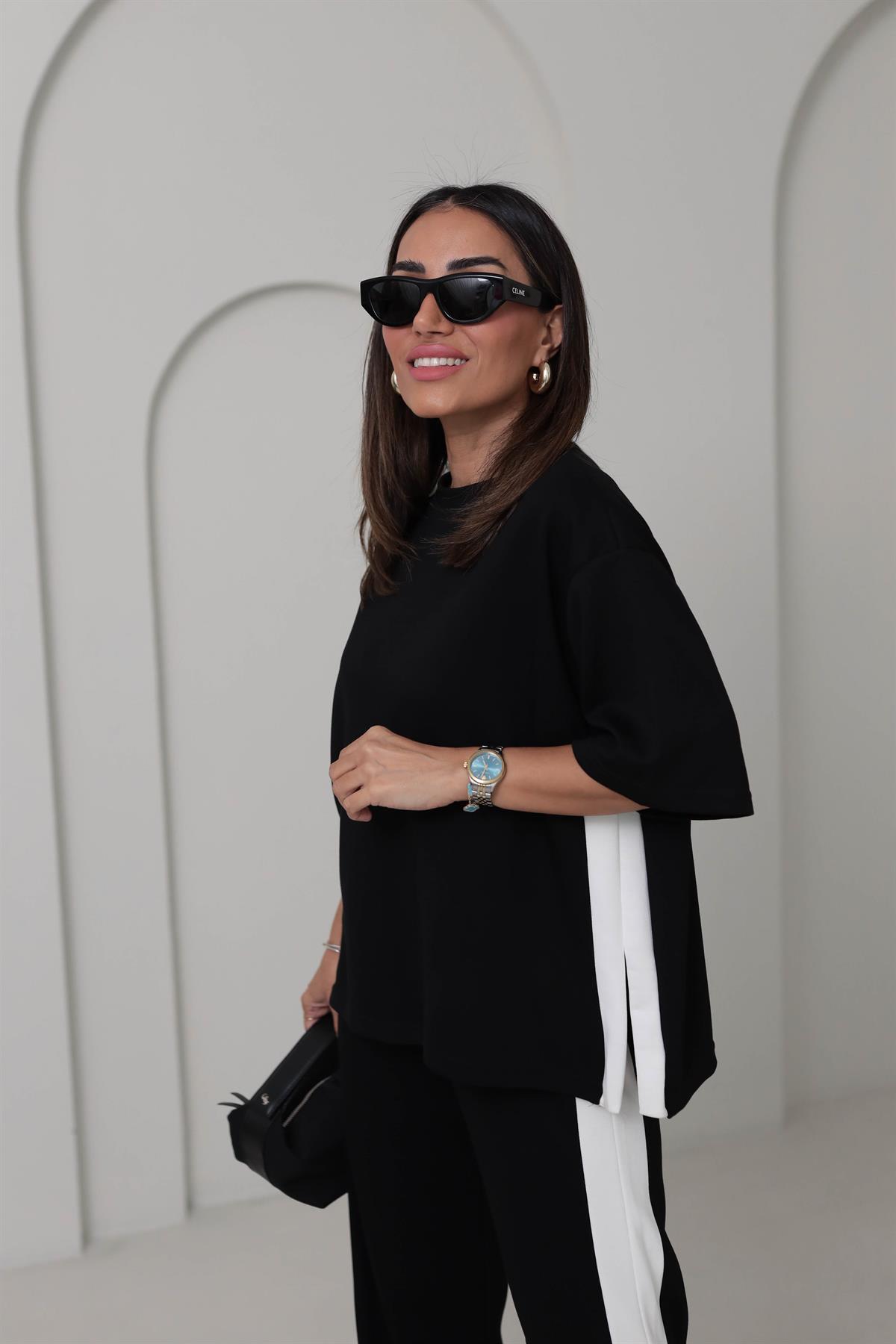 3417 Kontrastlı Paça Yırtmaçlı Rahat Modal Takım SİYAH