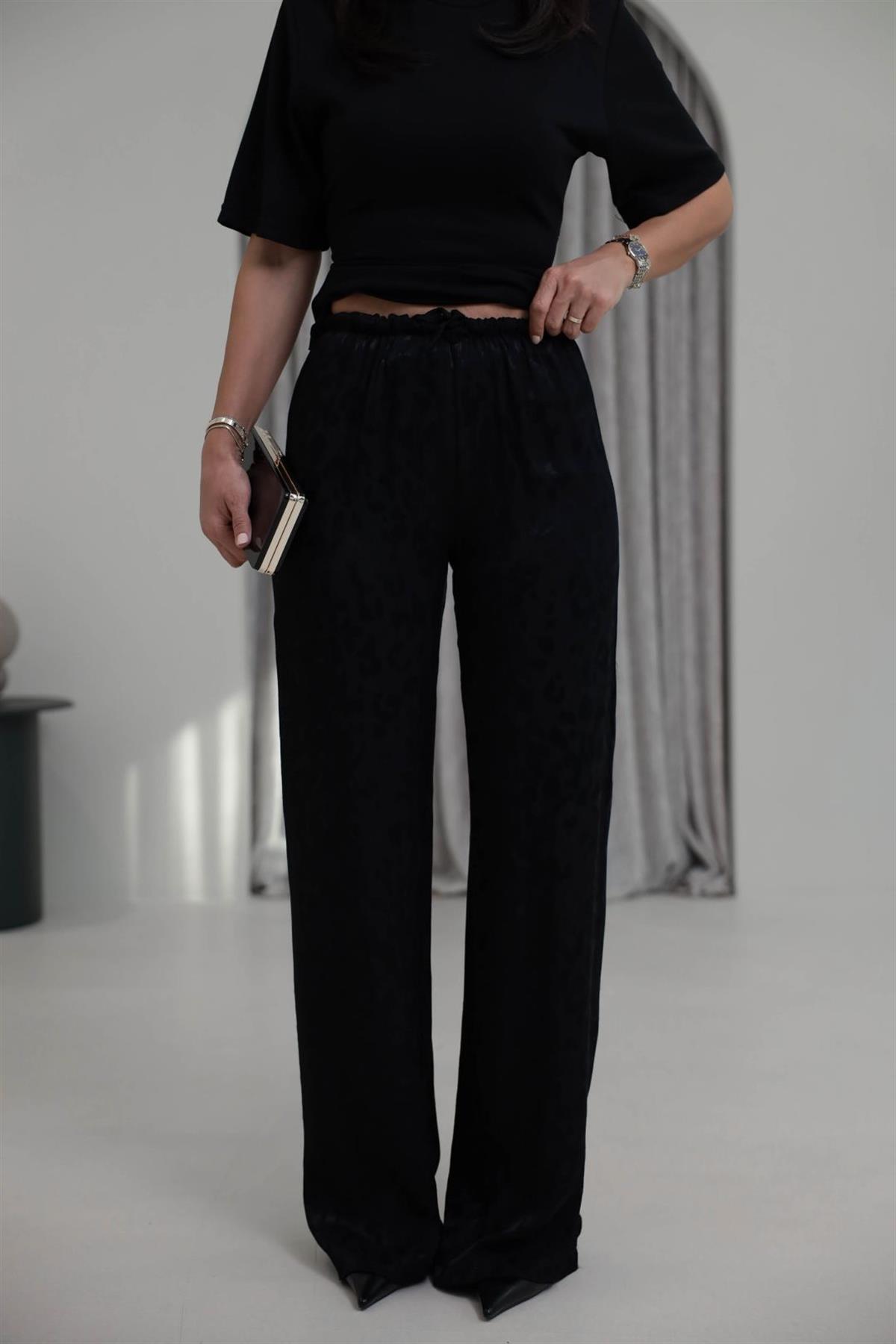 1635Y Leopar Desen Jakarlı Saten Pantolon SİYAH