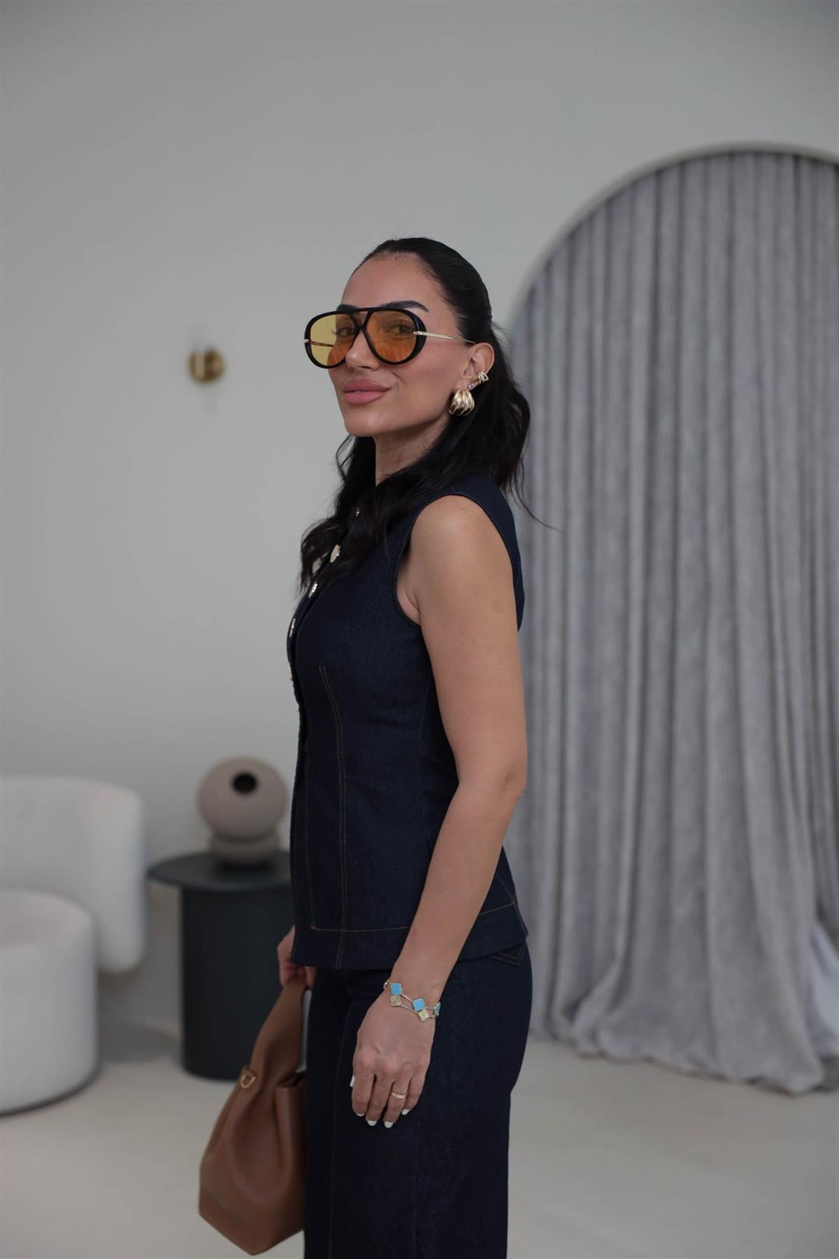 8053 Gold Düğmeli Yelekli Likralı Takım LACİVERT