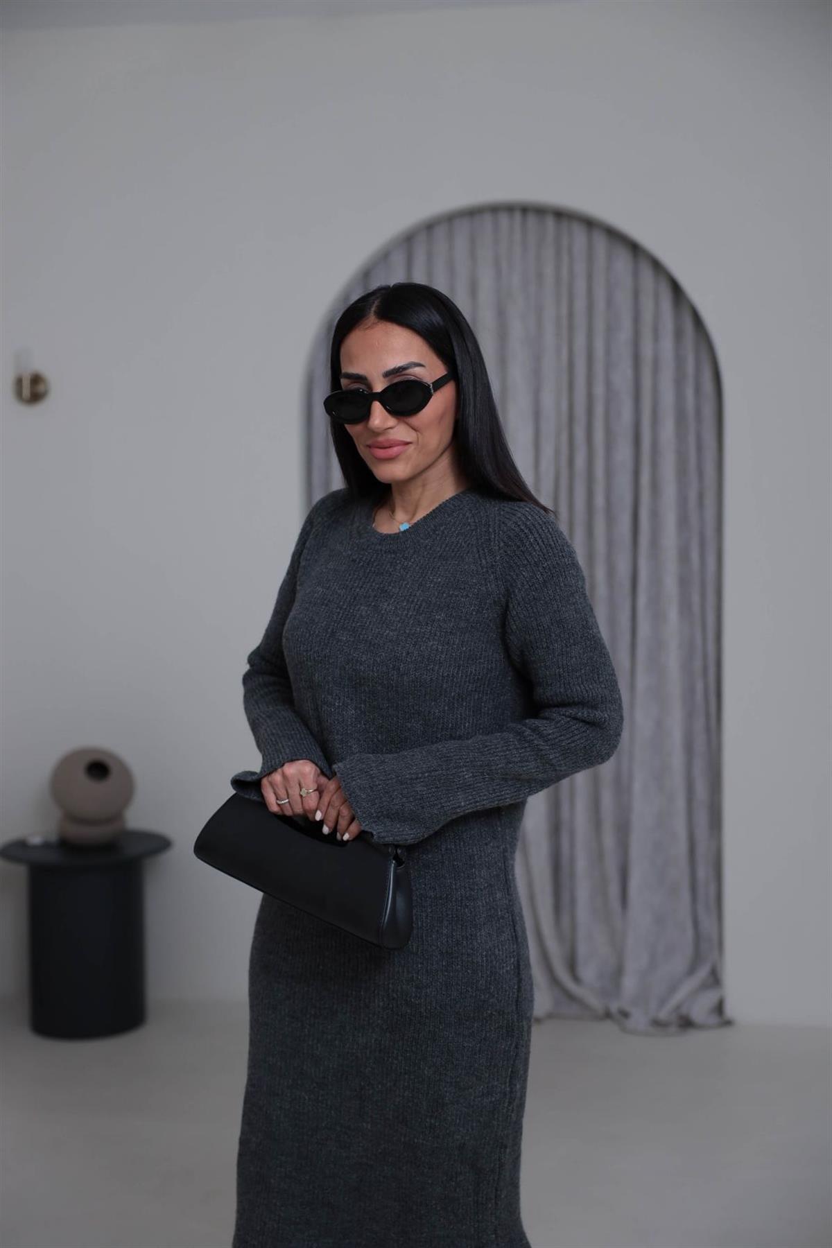 5137 Selanik Örgü Uzun Triko Elbise KOYU GRİ