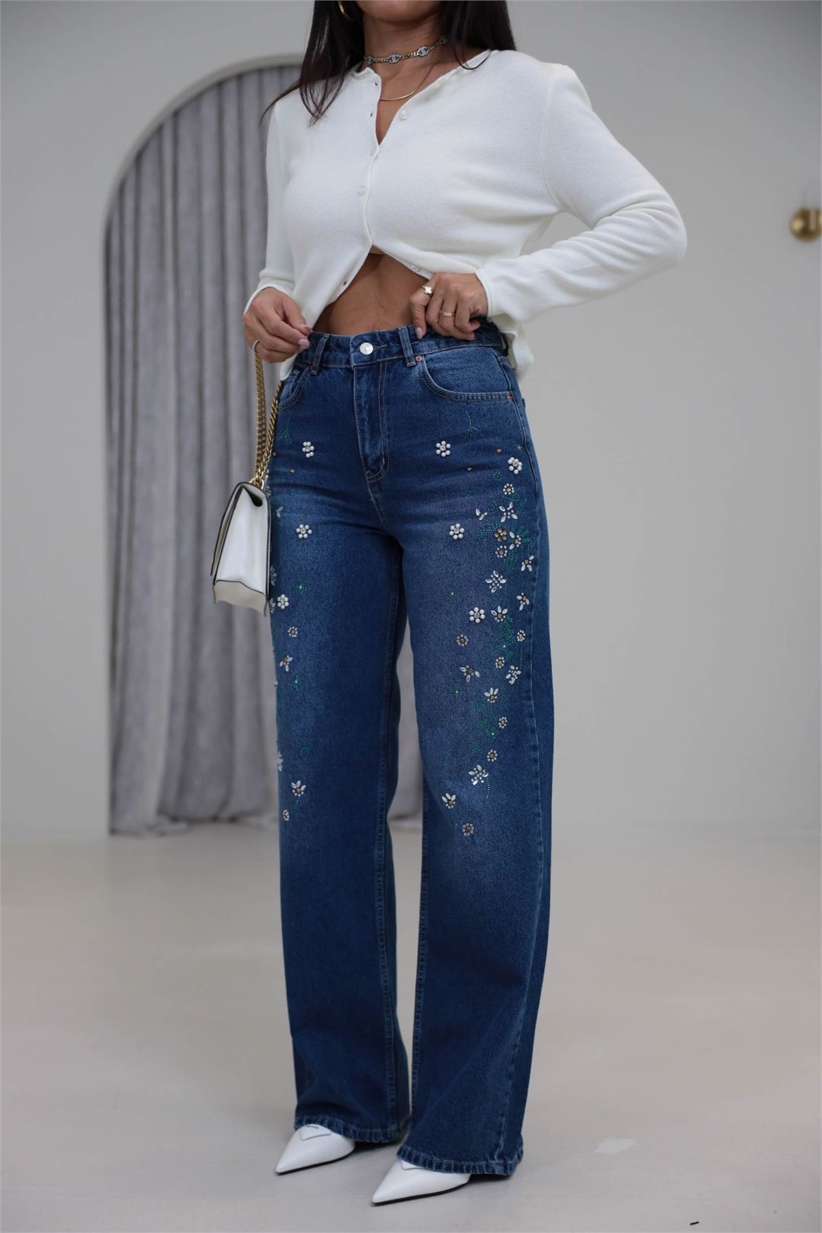 1071 Çiçek Motifli Renkli Taş İşlemeli Denim Pantolon KOYU MAVİ