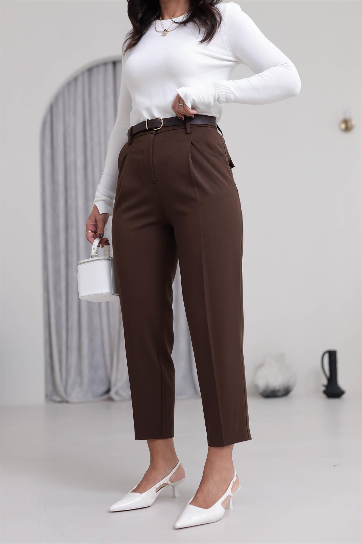 2166 Kemerli Havuç Fit Pantolon KAHVE