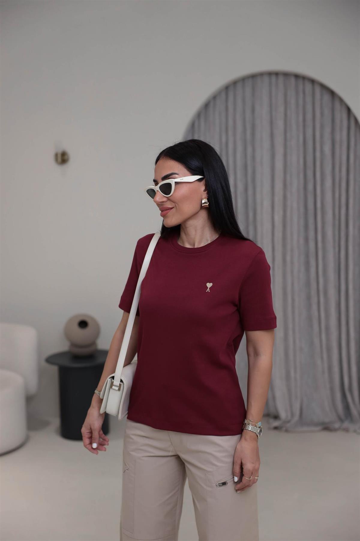 Gold Metal Kalpli Bisiklet Yaka Pamuklu Tshirt BORDO